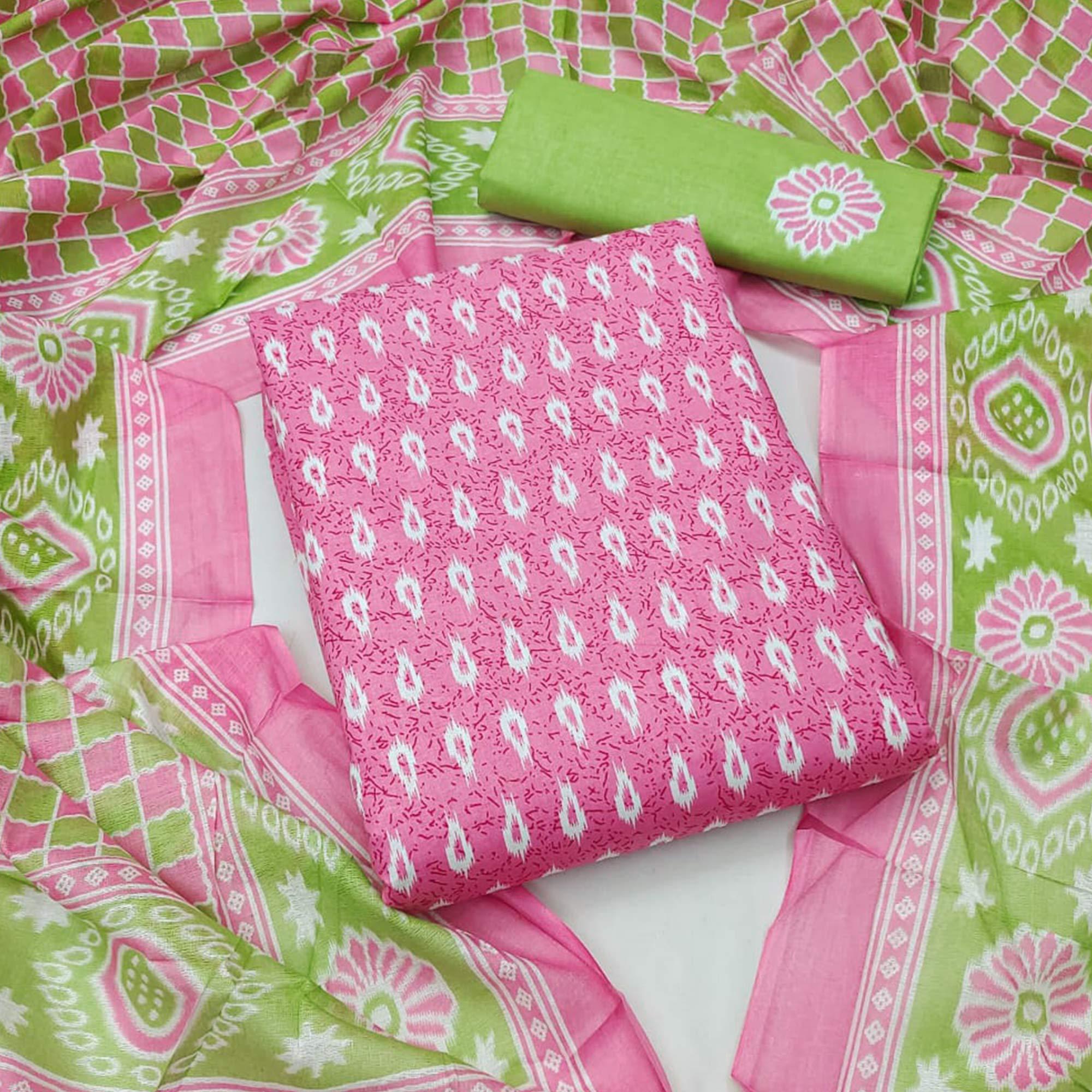 Pink Ikkat Printed Pure Cotton Dress Material - Peachmode