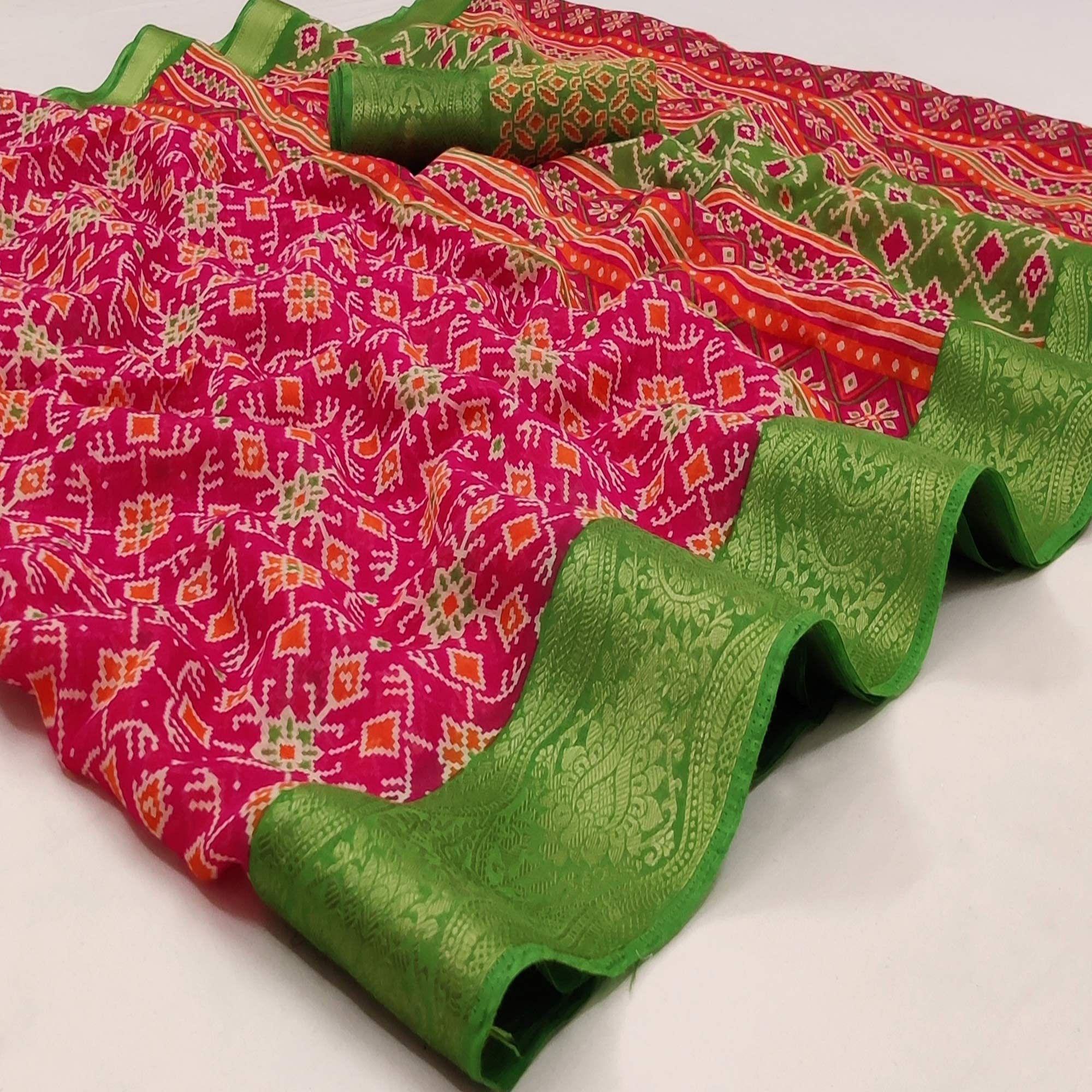 Pink Ikkat Printed Pure Cotton Saree - Peachmode