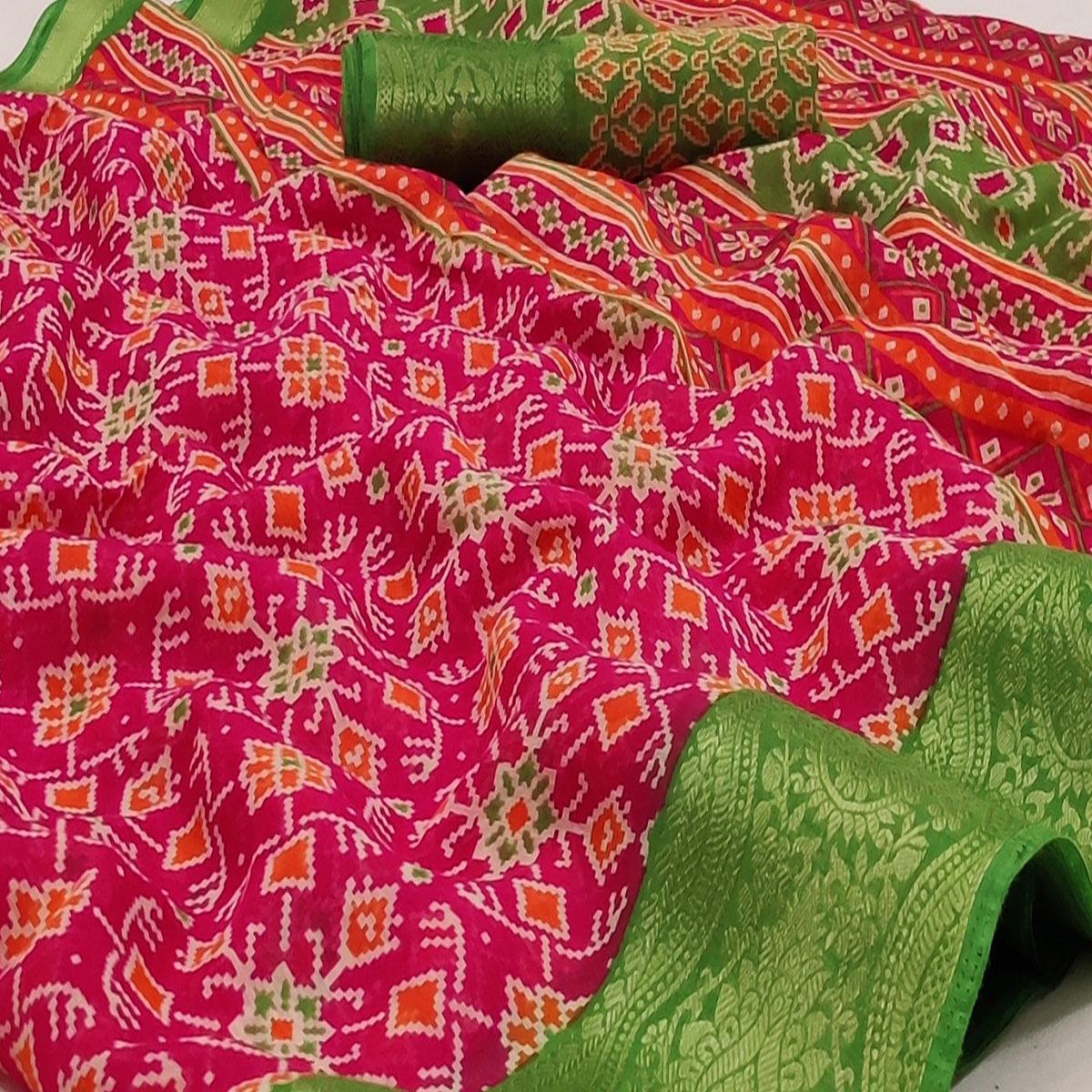 Pink Ikkat Printed Pure Cotton Saree - Peachmode