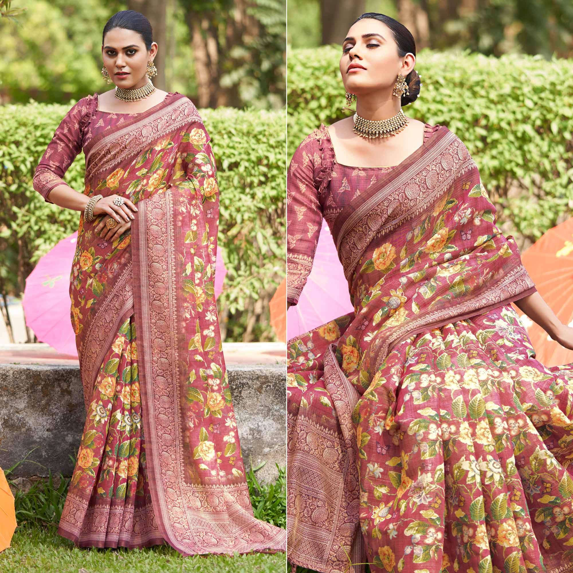 Pink Kalamkari Digital Printed Linen Saree With Tassels - Peachmode