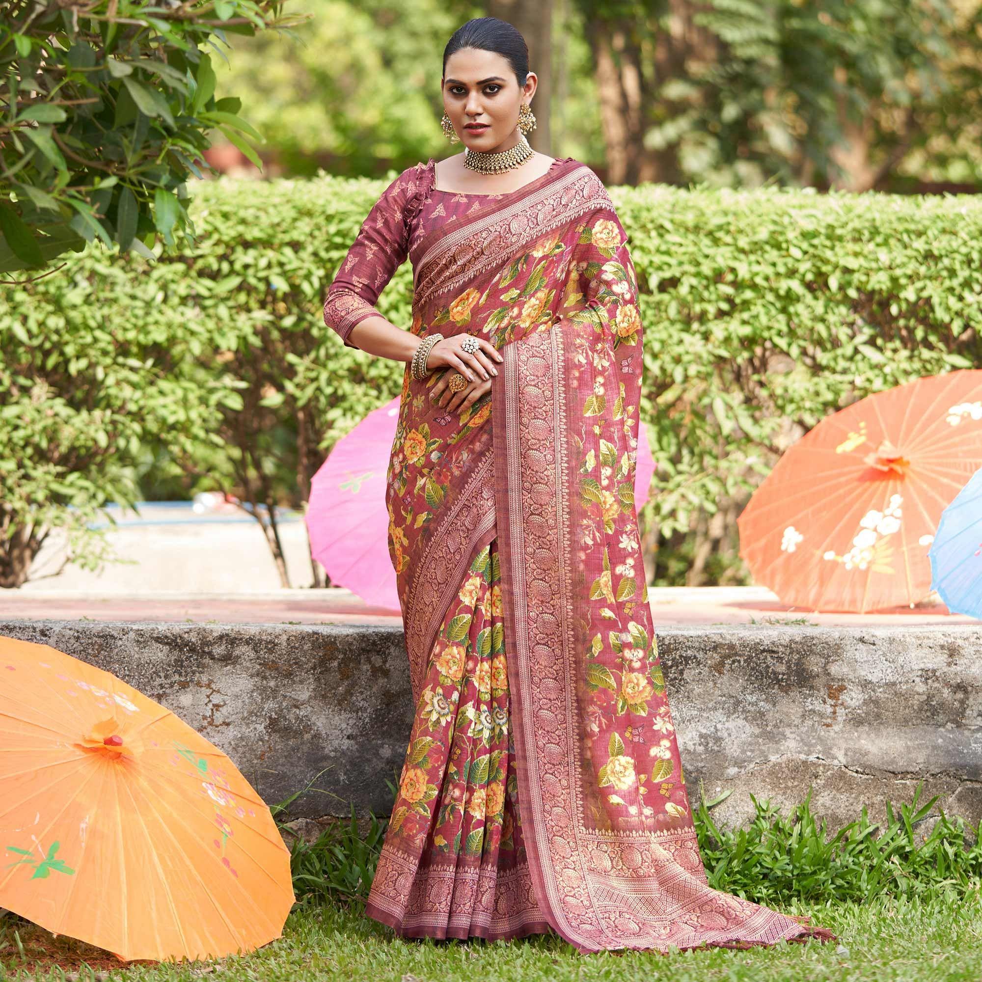 Pink Kalamkari Digital Printed Linen Saree With Tassels - Peachmode