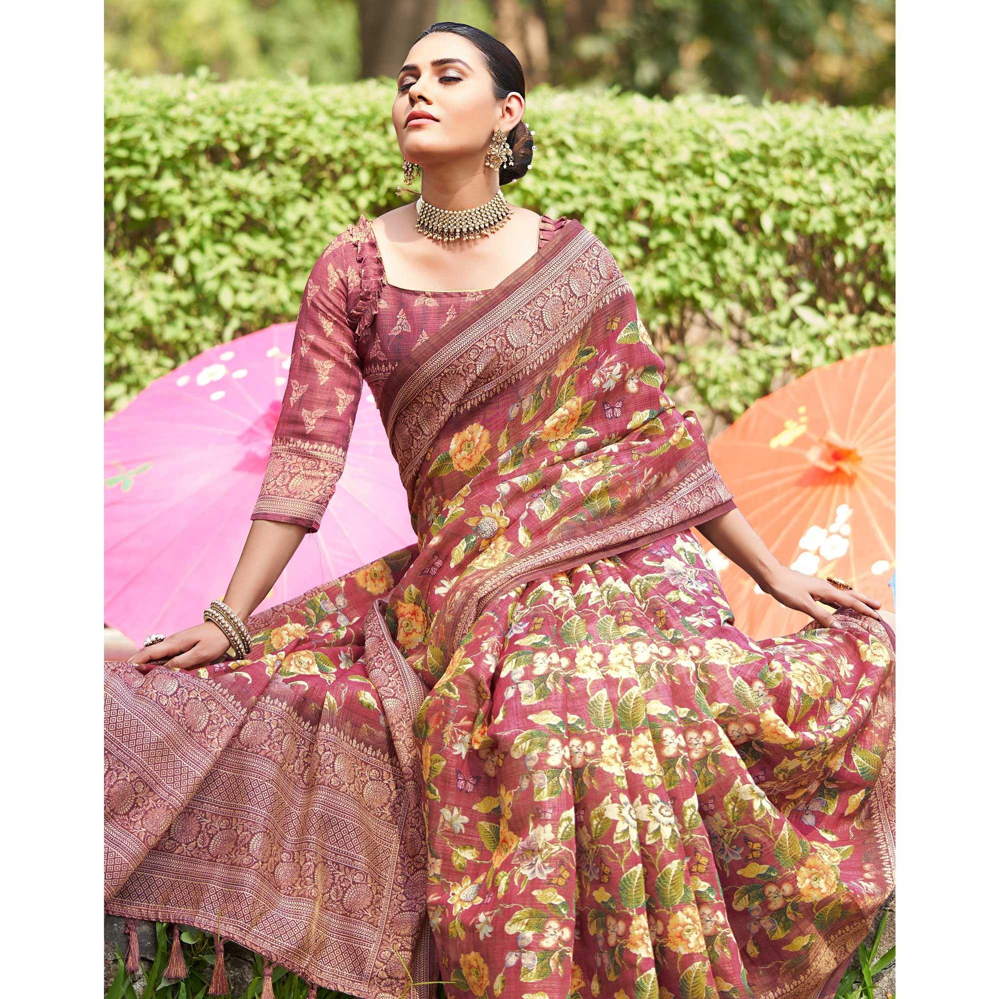 Pink Kalamkari Digital Printed Linen Saree With Tassels - Peachmode