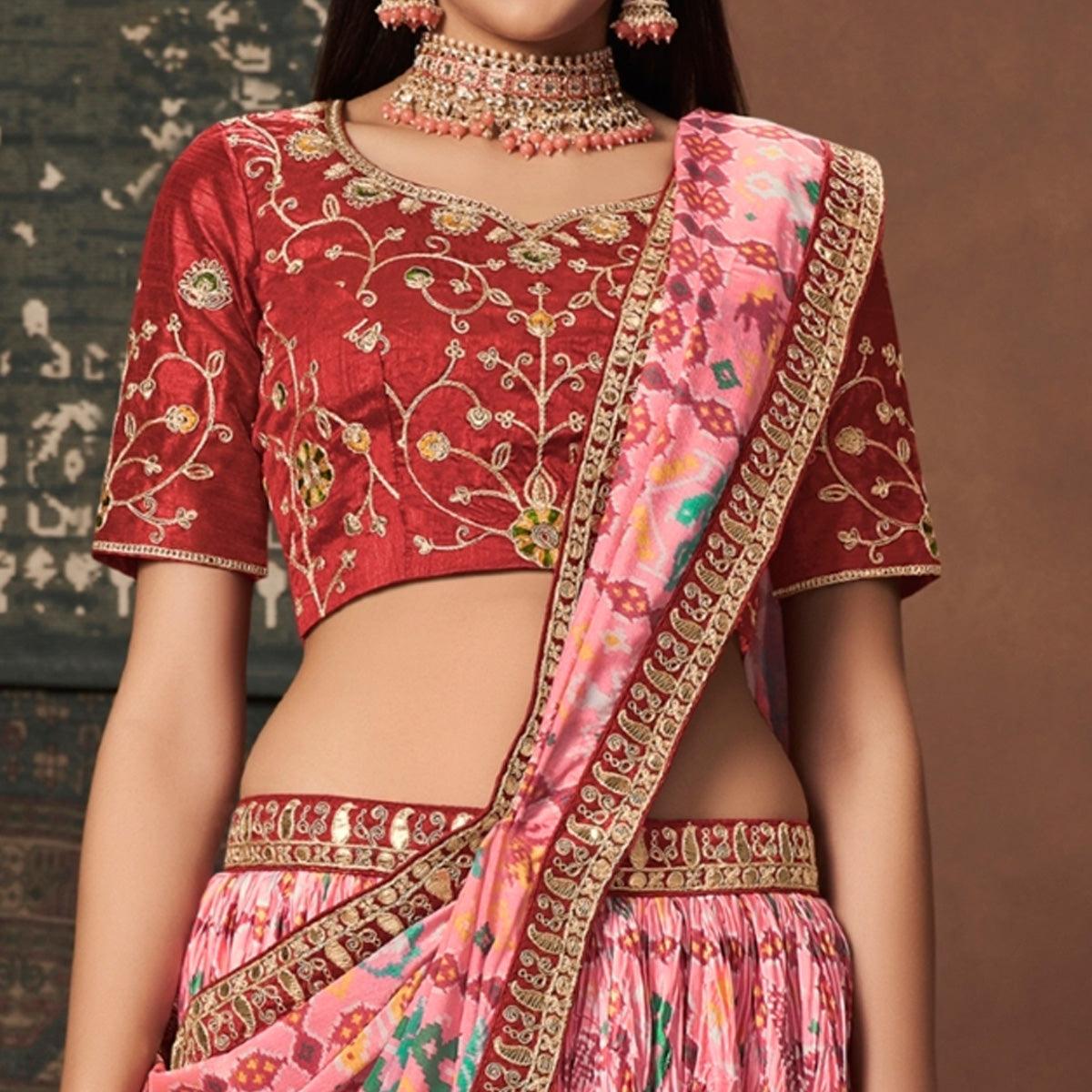 Pink Kalamkari Printed Art Silk Lehenga Choli - Peachmode