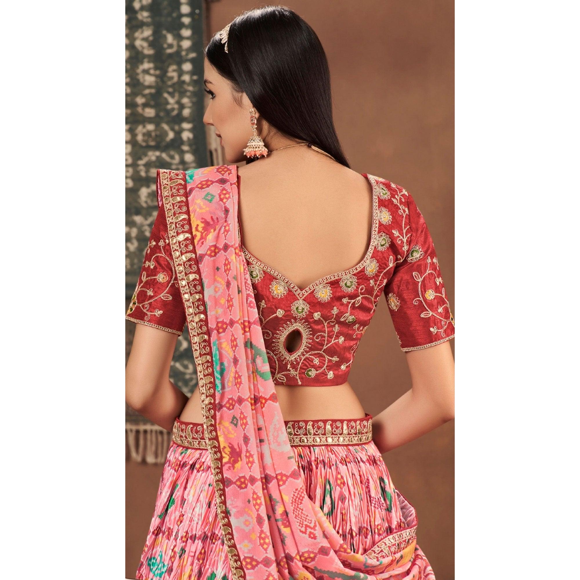 Pink Kalamkari Printed Art Silk Lehenga Choli - Peachmode