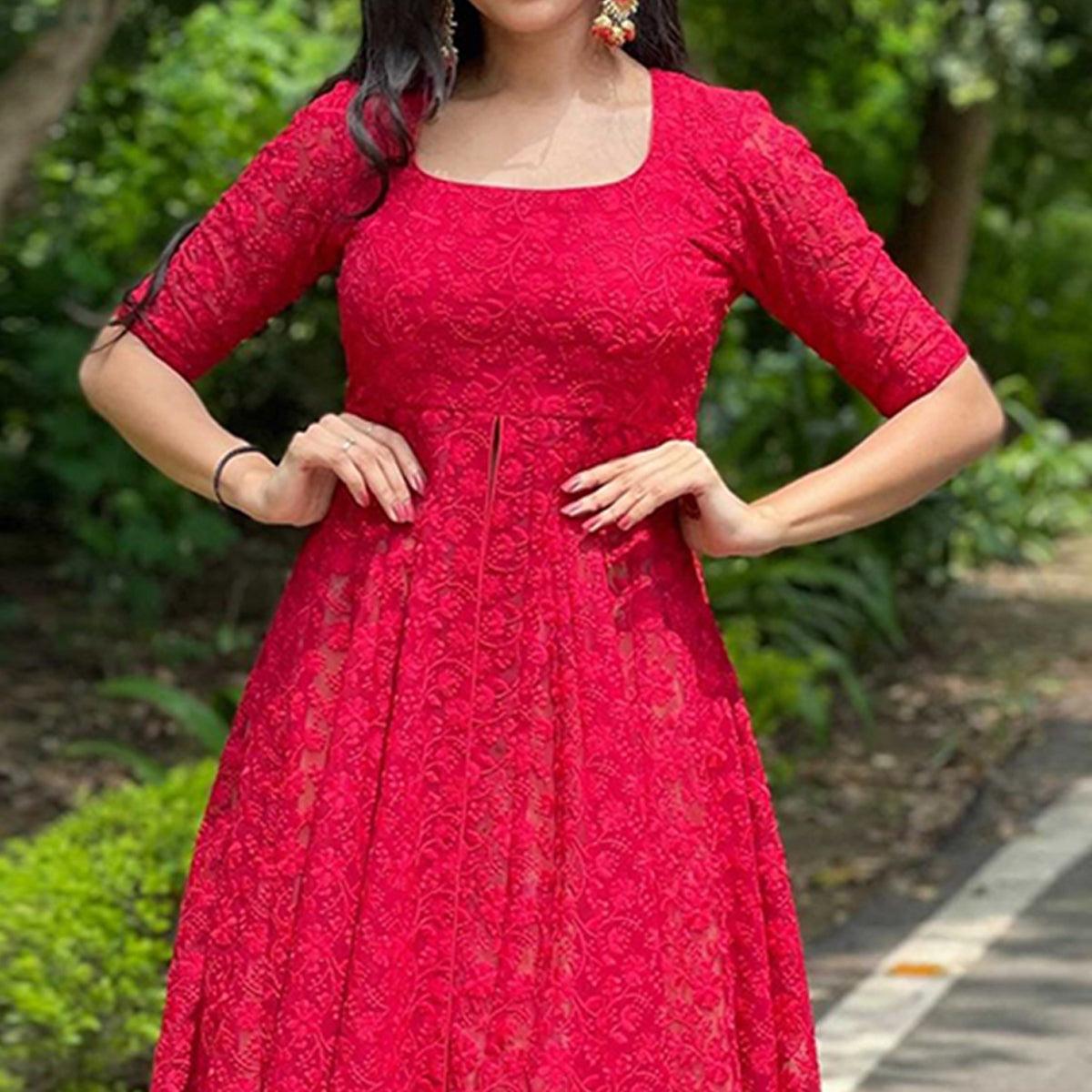 Pink Lucknowi Chikankari Work Georgette Kurti With Skirt - Peachmode