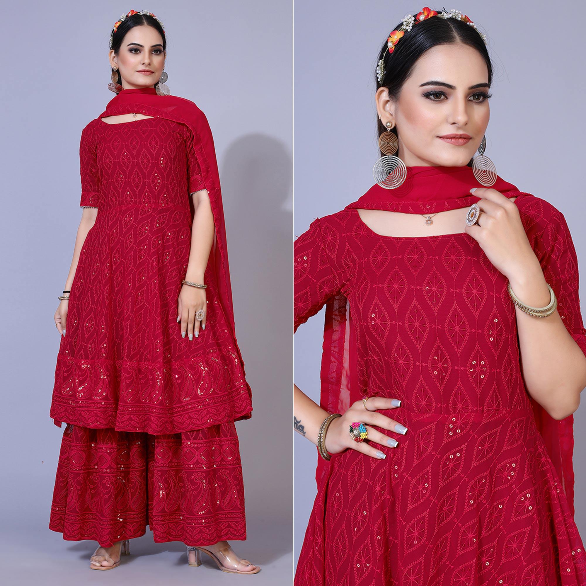 Pink Lucknowi Chikankari Work Georgette Sharara Suit - Peachmode