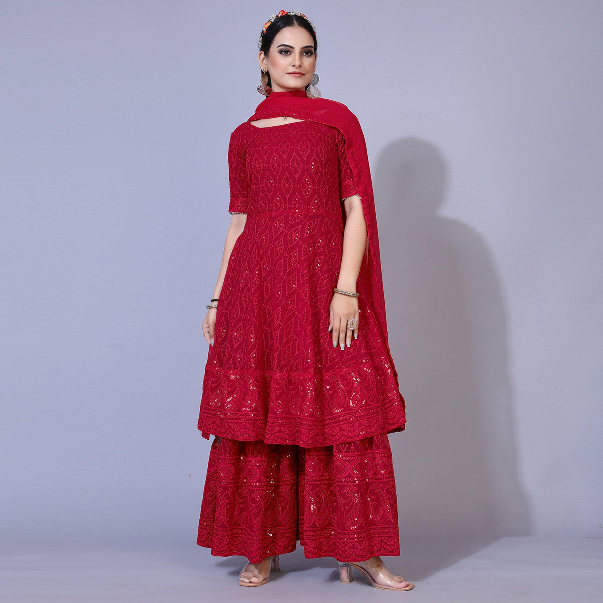 Pink Lucknowi Chikankari Work Georgette Sharara Suit - Peachmode