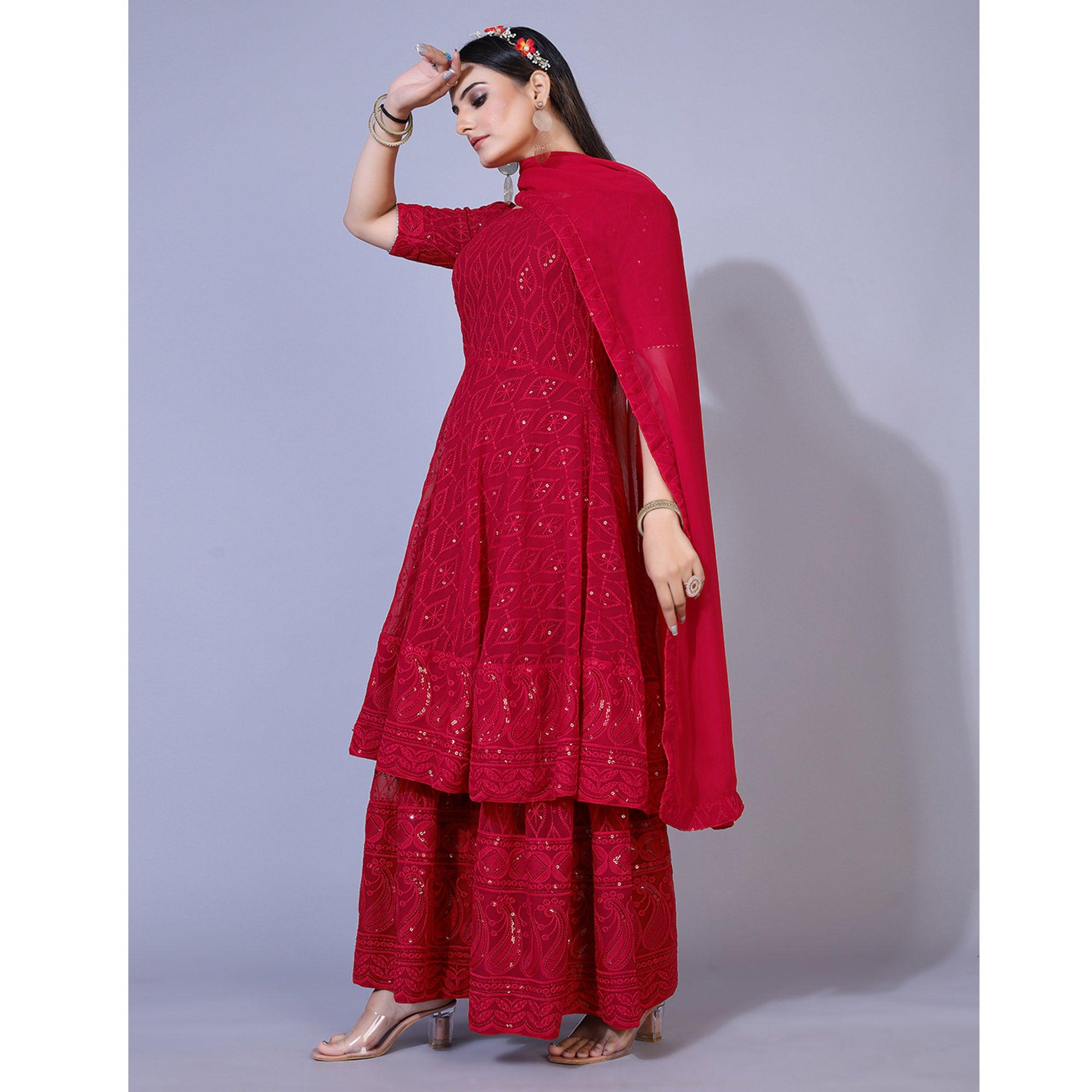 Pink Lucknowi Chikankari Work Georgette Sharara Suit - Peachmode