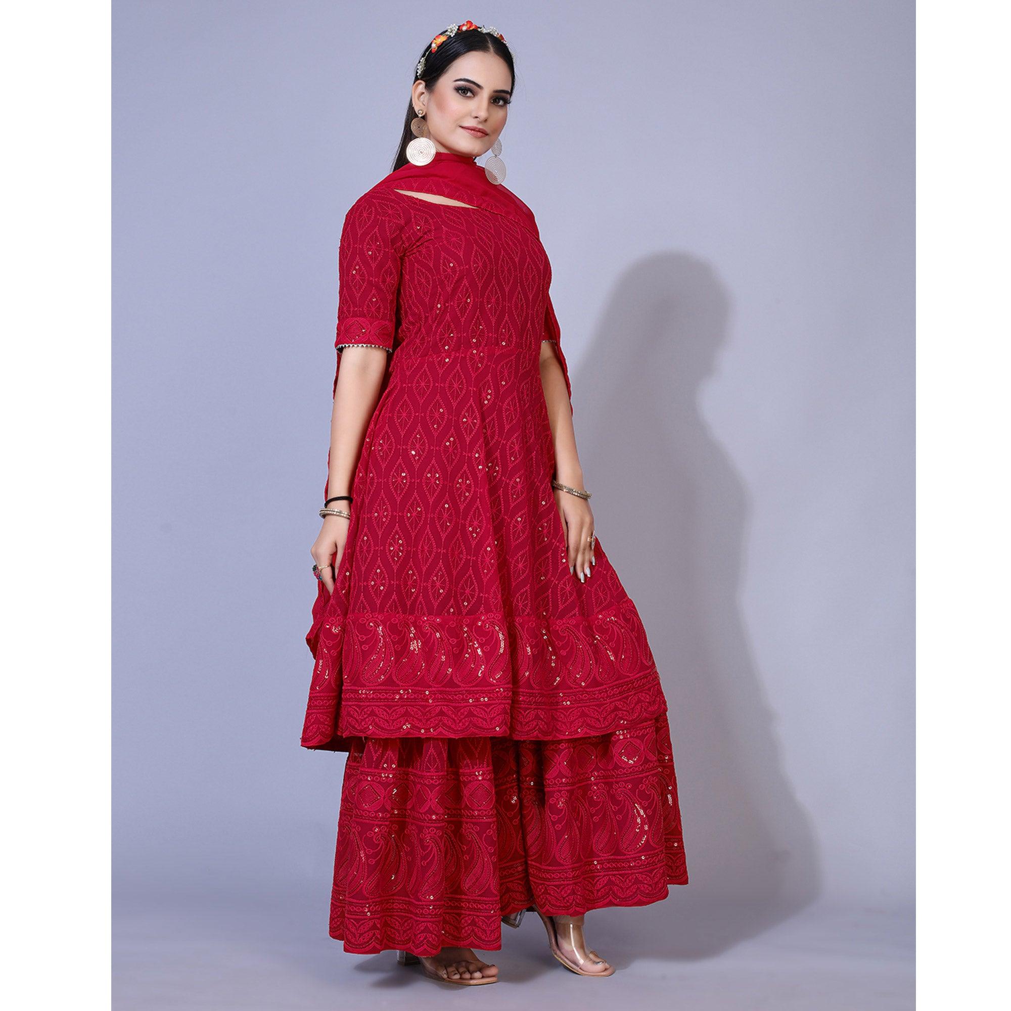 Pink Lucknowi Chikankari Work Georgette Sharara Suit - Peachmode