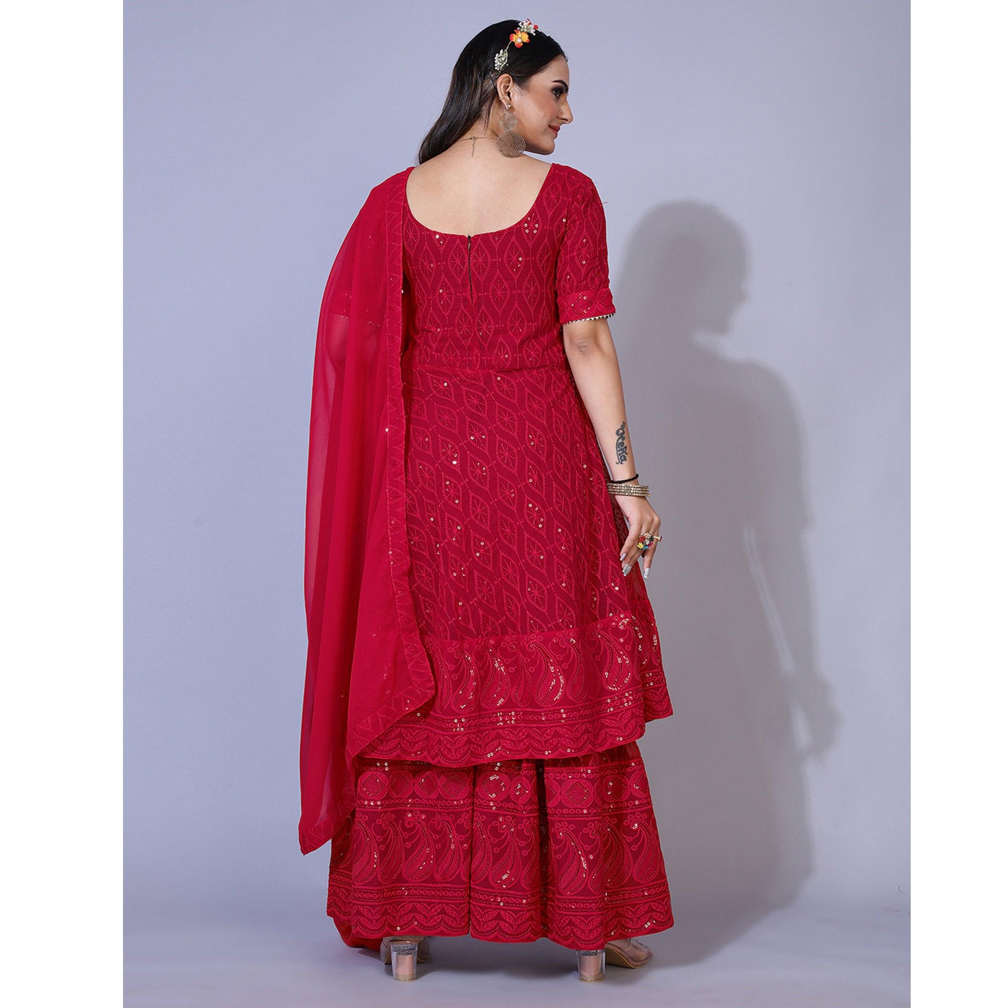 Pink Lucknowi Chikankari Work Georgette Sharara Suit - Peachmode