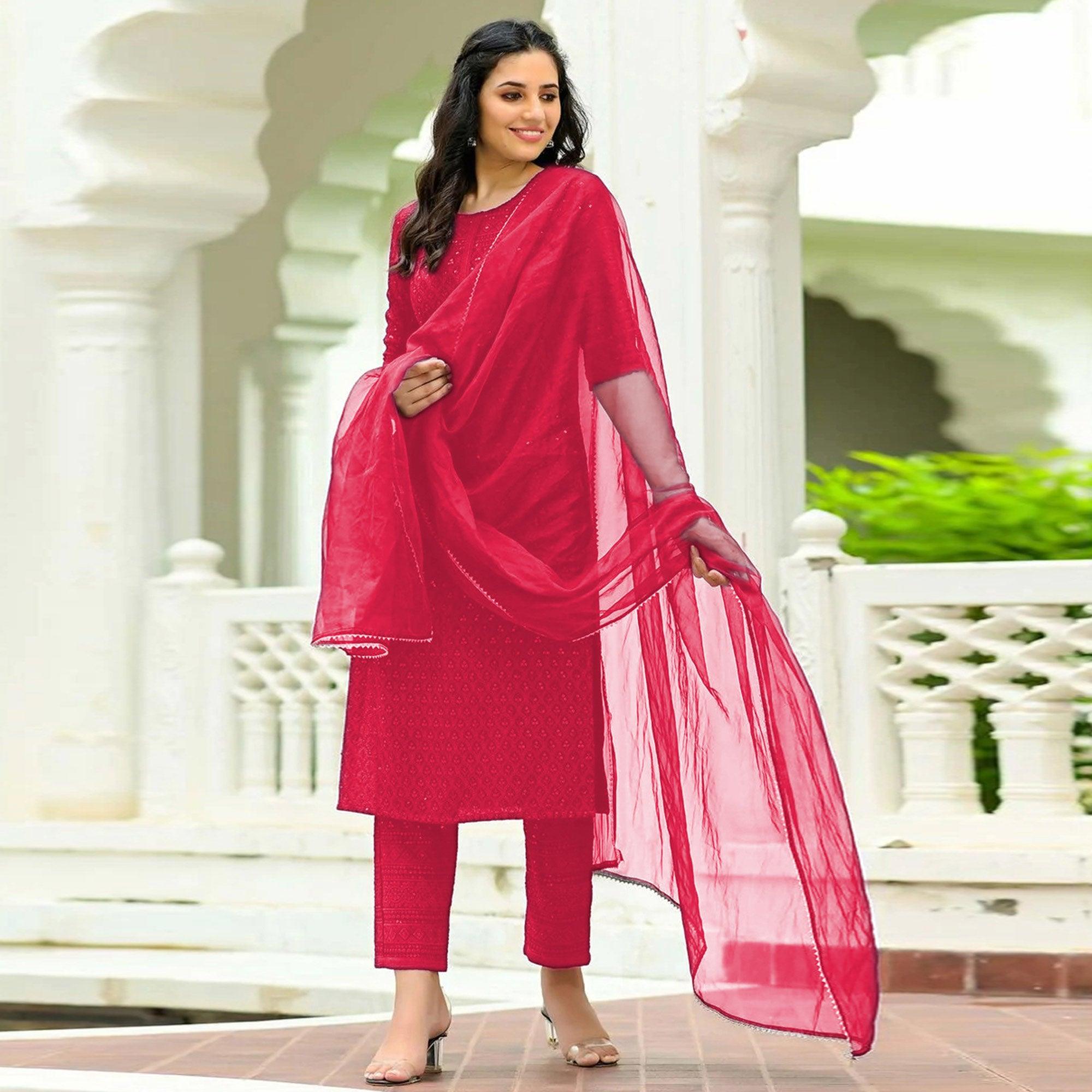 Pink Lucknowi Chikankari Work Rayon Kurti Pant Set With Dupatta - Peachmode