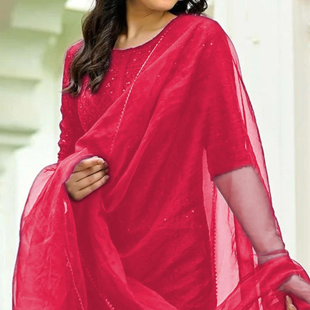 Pink Lucknowi Chikankari Work Rayon Kurti Pant Set With Dupatta - Peachmode