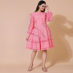 Pink Lucknowi Chikankari Work Rayon Western Dress - Peachmode