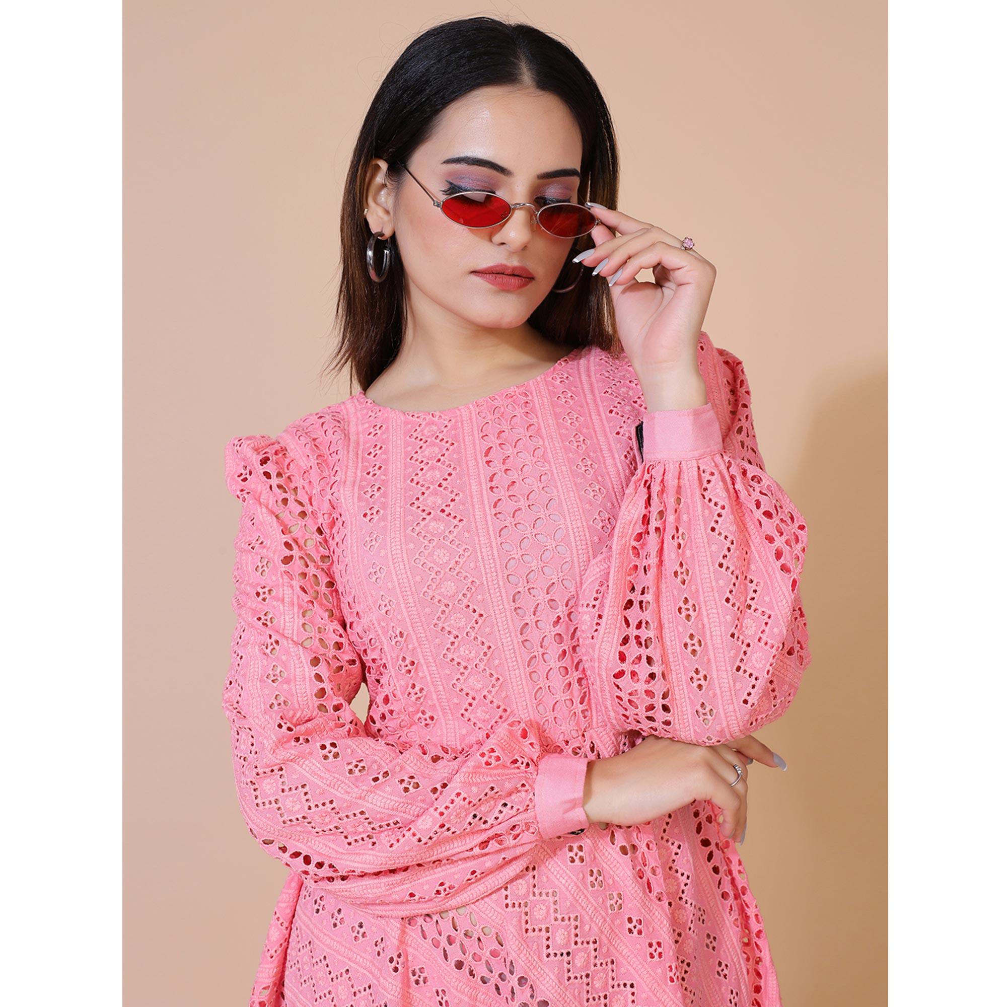 Pink Lucknowi Chikankari Work Rayon Western Dress - Peachmode