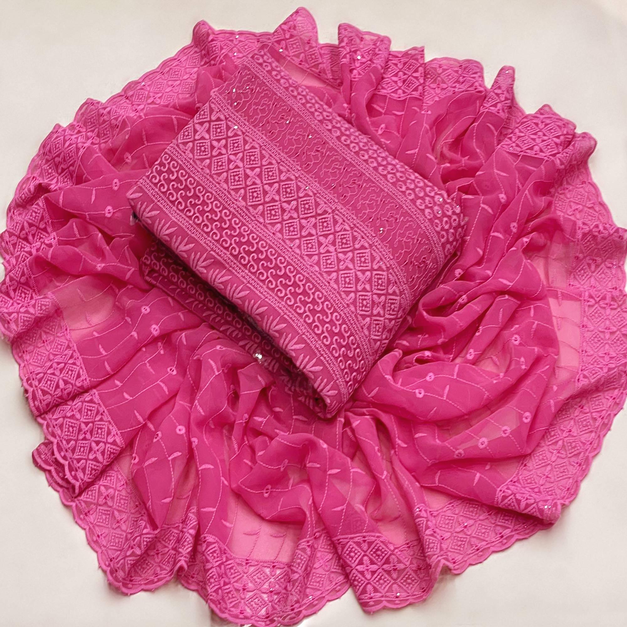 Pink Lucknowi Embroidered Georgette Dress Material - Peachmode