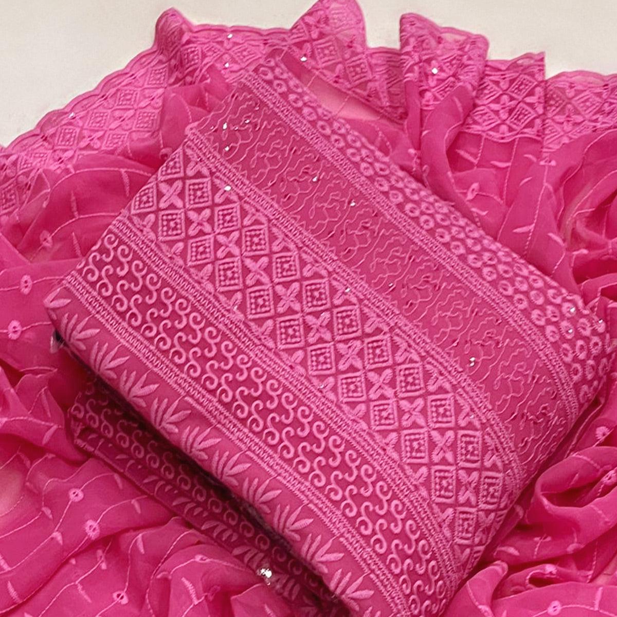Pink Lucknowi Embroidered Georgette Dress Material - Peachmode