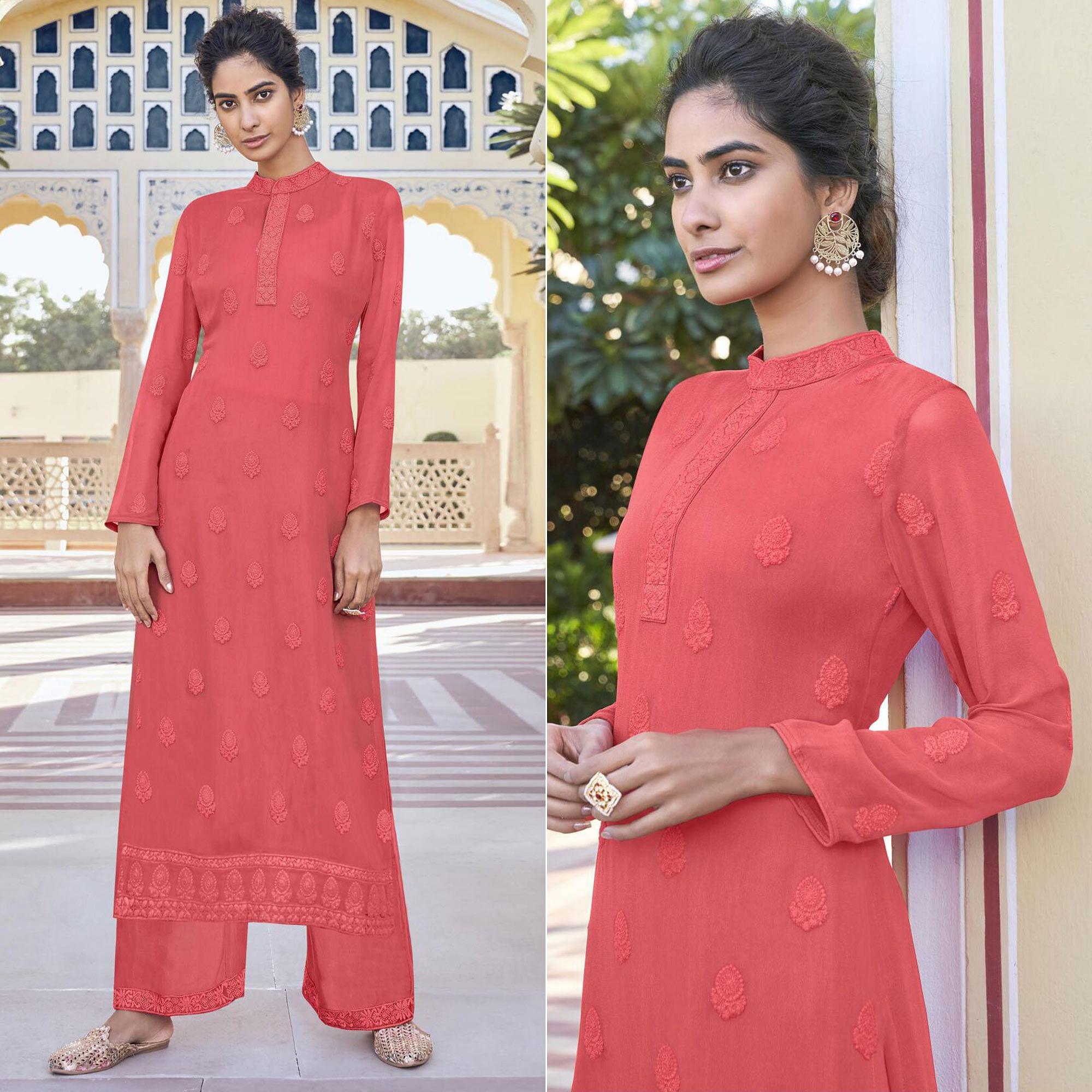 Pink Lucknowi Embroidered Georgette Kurti Palazzo Set - Peachmode