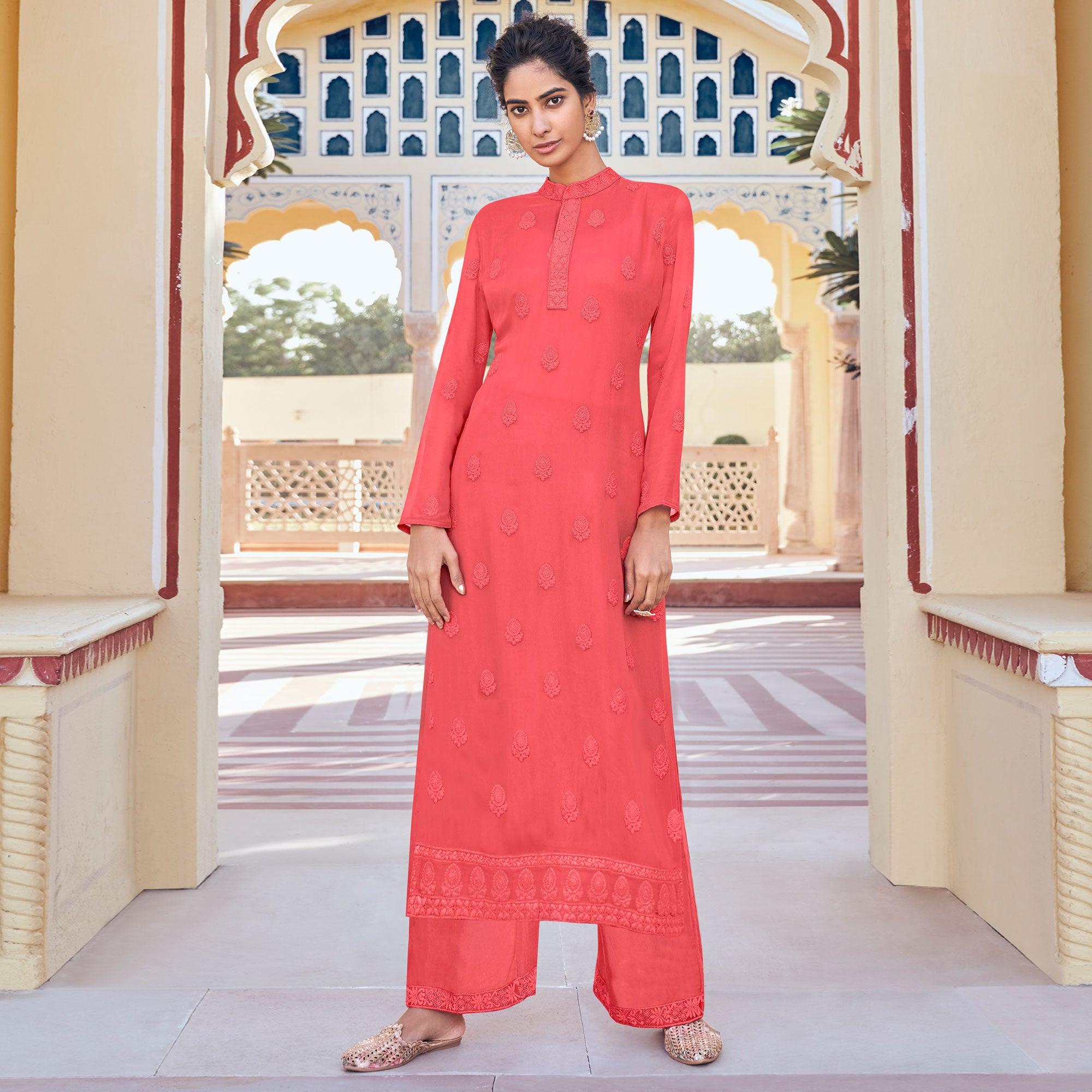 Pink Lucknowi Embroidered Georgette Kurti Palazzo Set - Peachmode