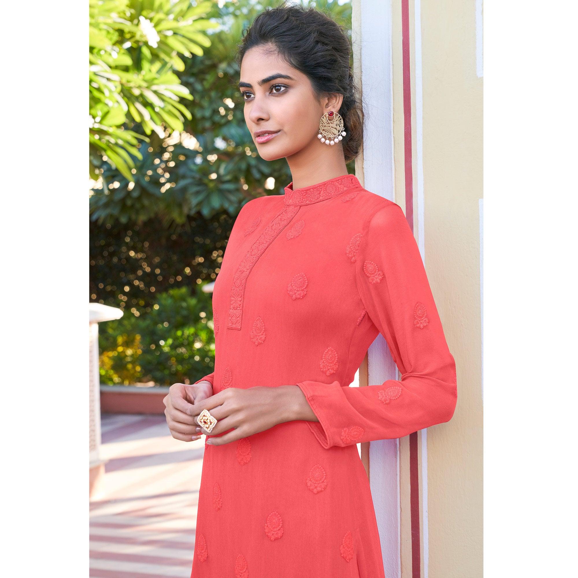 Pink Lucknowi Embroidered Georgette Kurti Palazzo Set - Peachmode