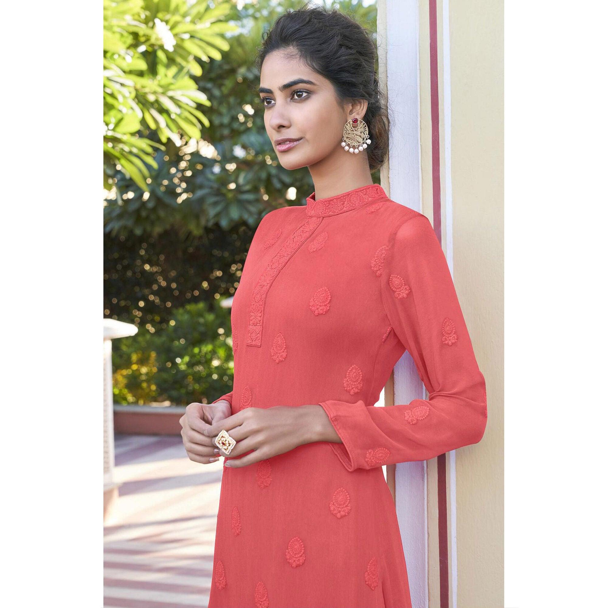 Pink Lucknowi Embroidered Georgette Kurti Palazzo Set - Peachmode