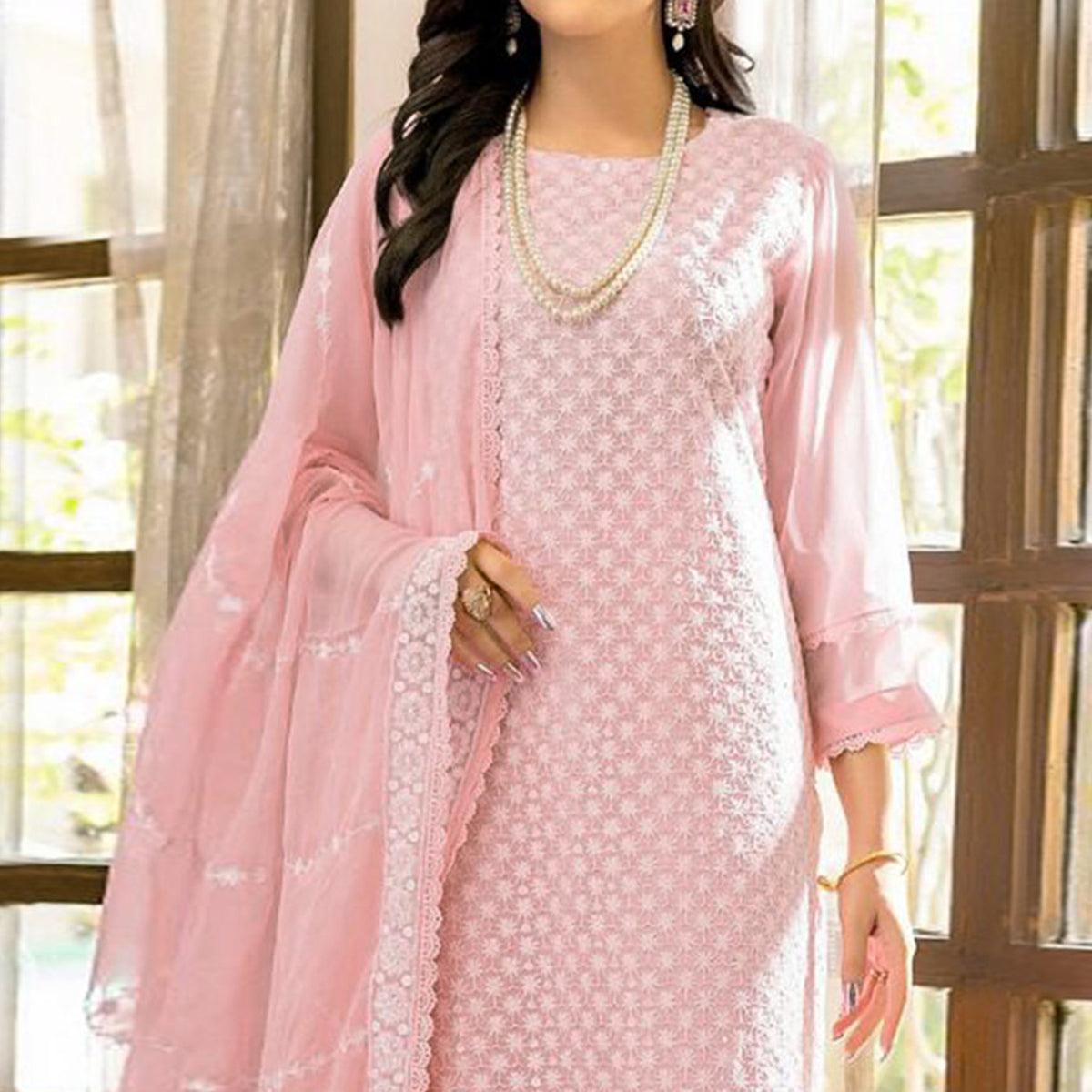 Pink Lucknowi Embroidered Georgette Pakistani Suit - Peachmode