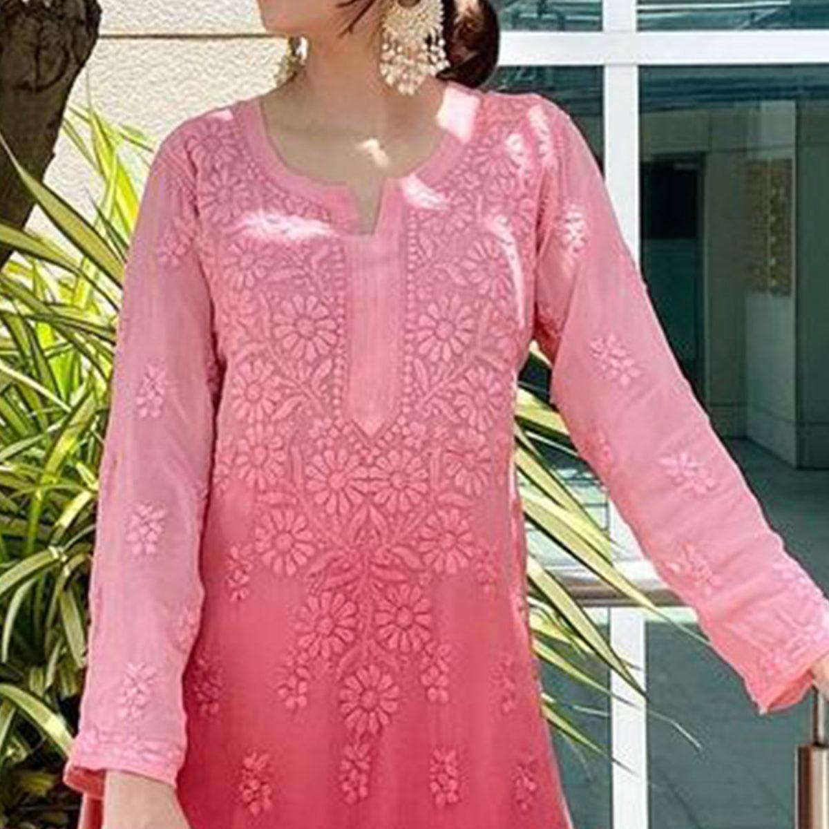 Pink Lucknowi Embroidered Georgette Palazzo Suit - Peachmode