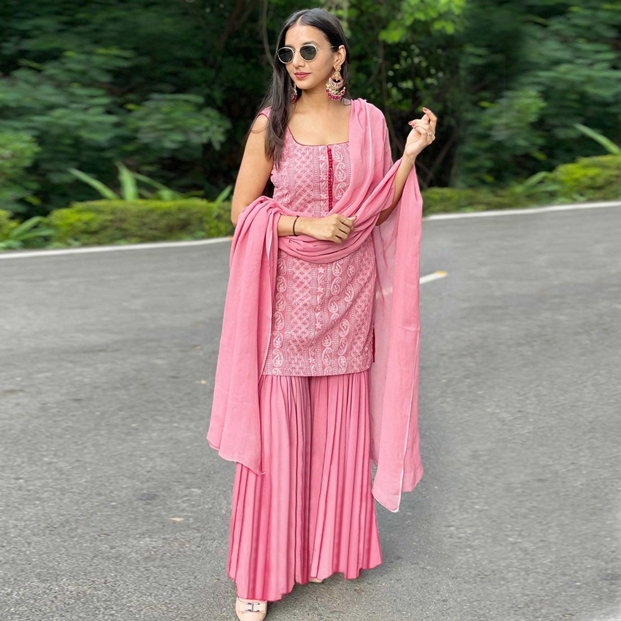 Pink Lucknowi Embroidered Georgette Sharara Suit - Peachmode