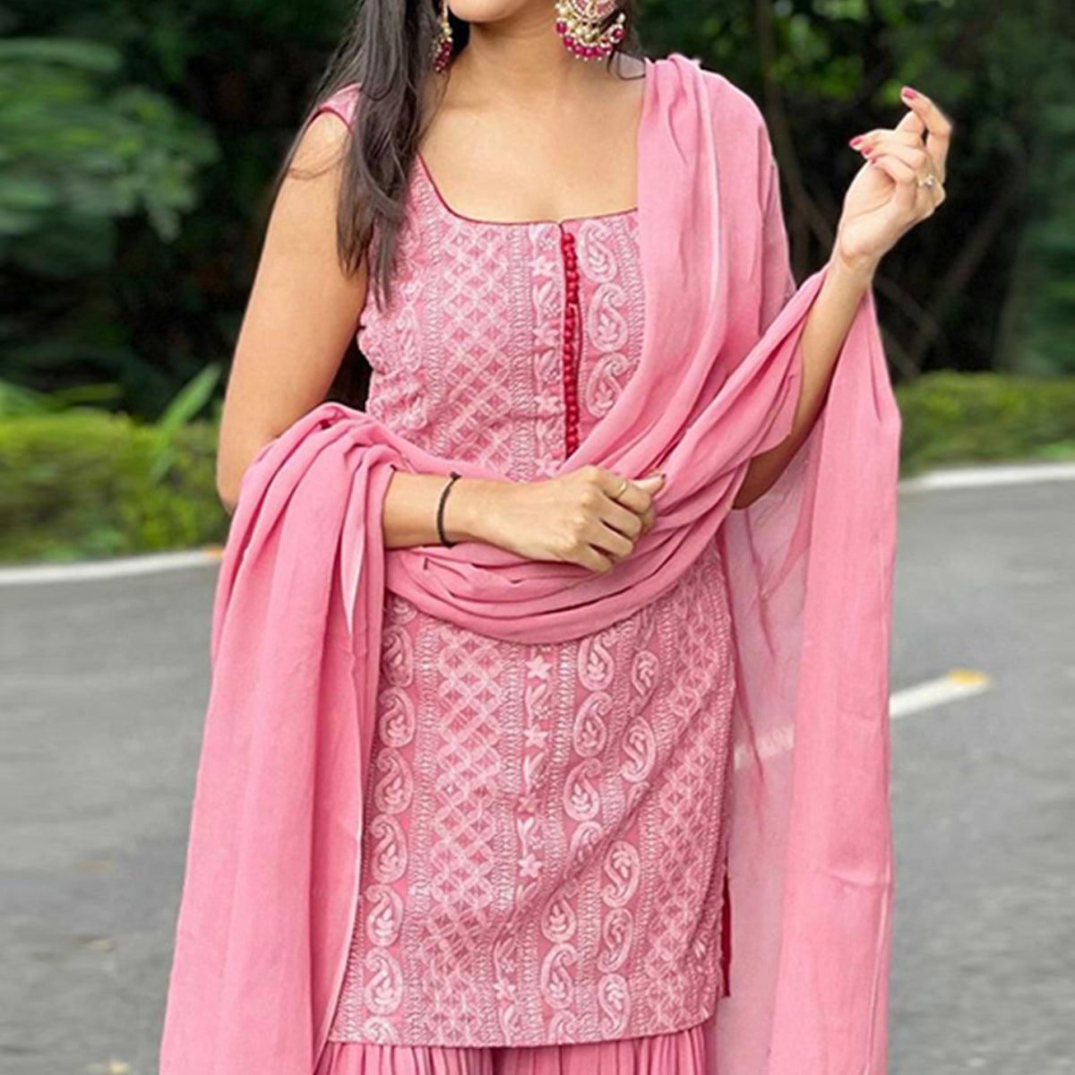 Pink Lucknowi Embroidered Georgette Sharara Suit - Peachmode