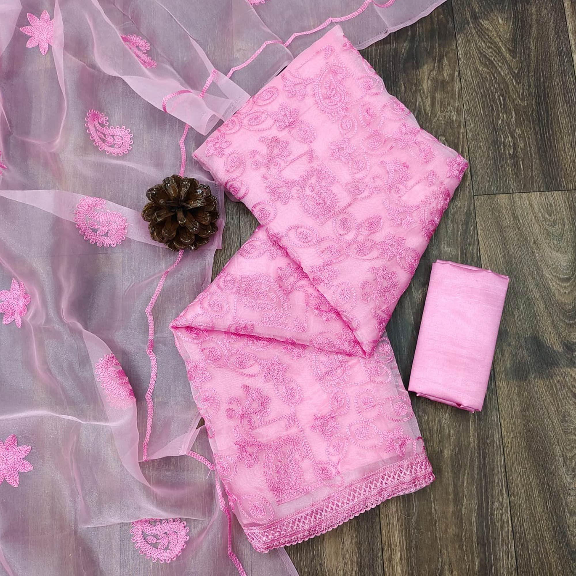 Pink Lucknowi Embroidered Organza Dress Material - Peachmode