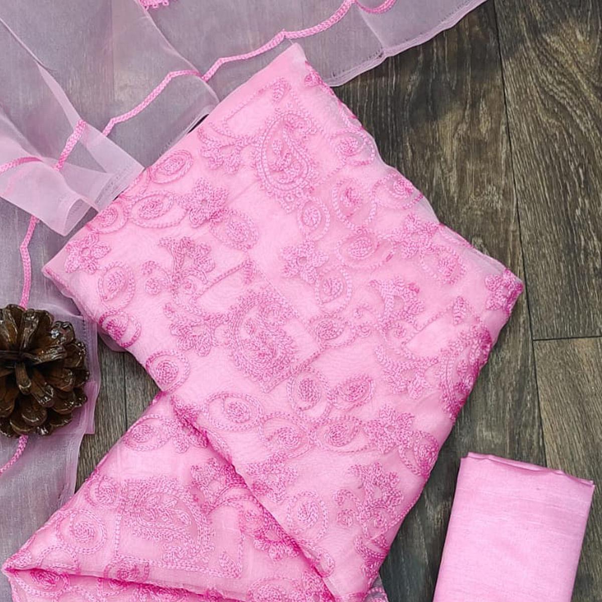 Pink Lucknowi Embroidered Organza Dress Material - Peachmode