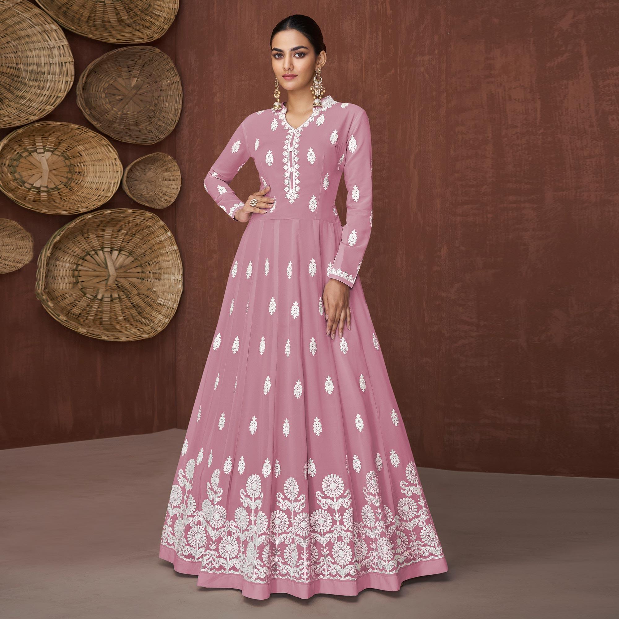 Pink Lucknowi Embroidered Rayon Gown - Peachmode