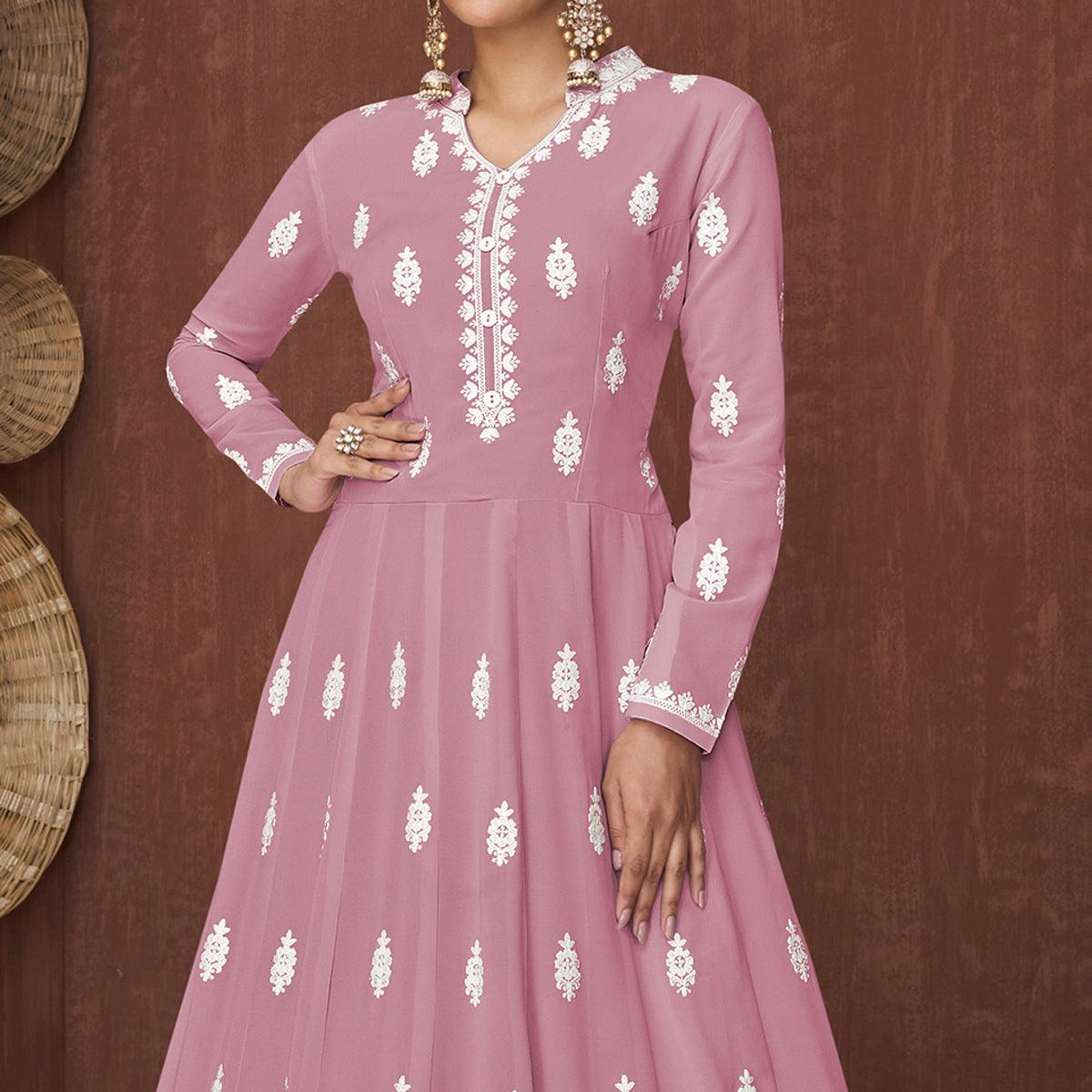 Pink Lucknowi Embroidered Rayon Gown - Peachmode