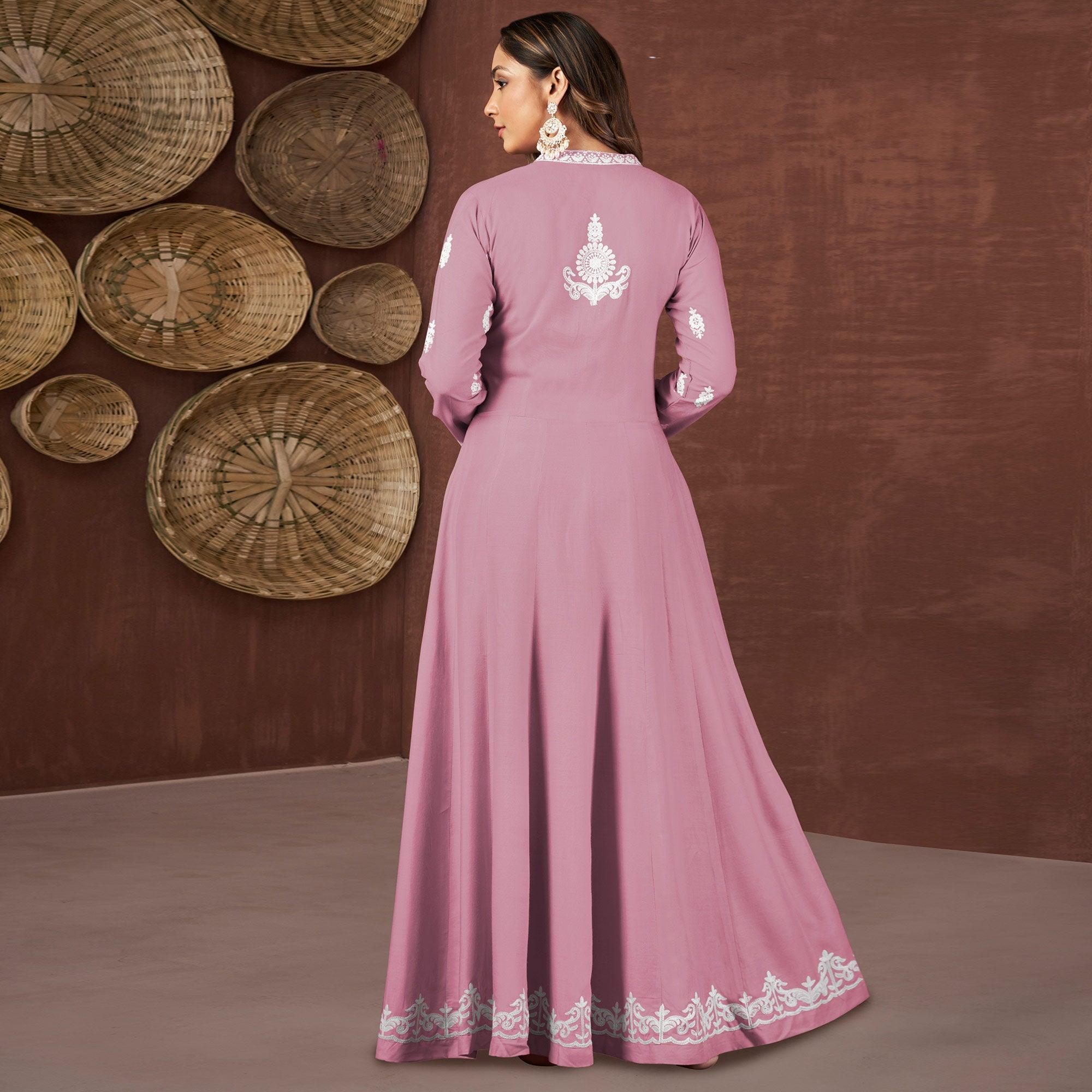 Pink Lucknowi Embroidered Rayon Gown - Peachmode