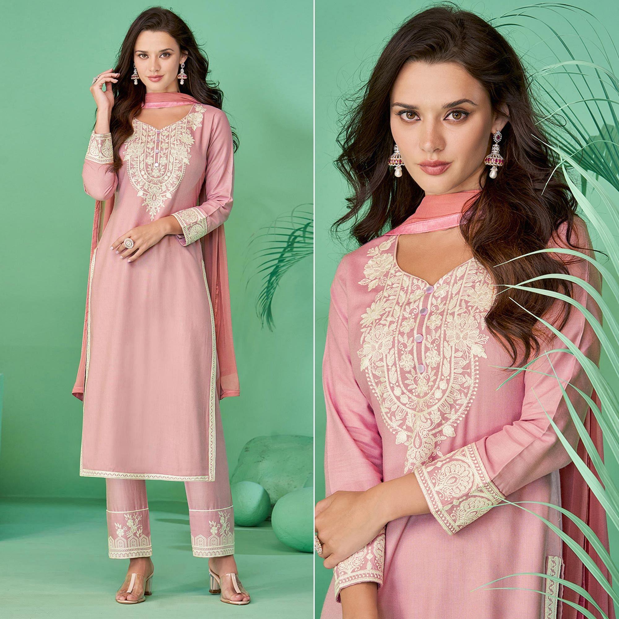 Pink Lucknowi Embroidered Rayon Kurti Pant Set With Dupatta - Peachmode