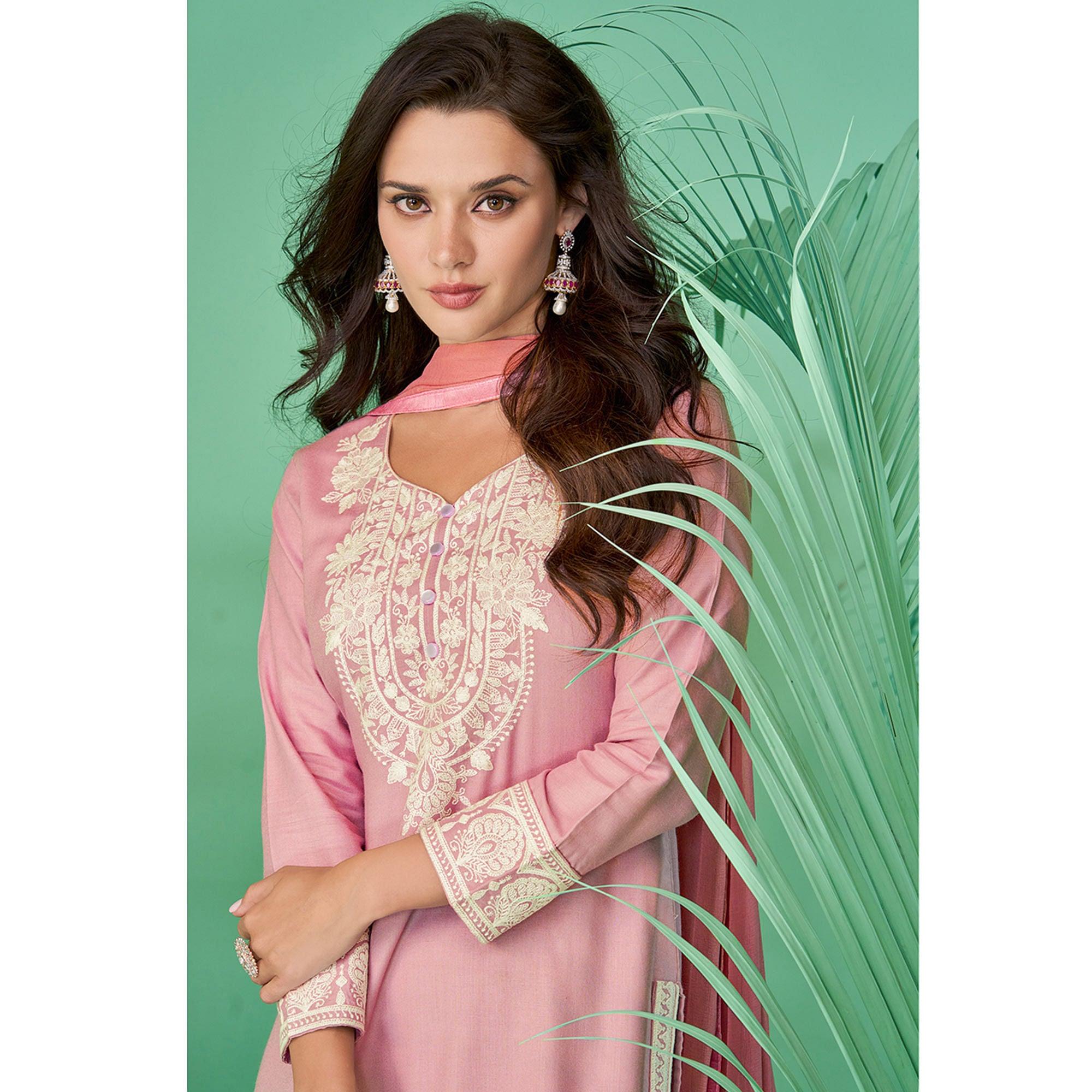 Pink Lucknowi Embroidered Rayon Kurti Pant Set With Dupatta - Peachmode