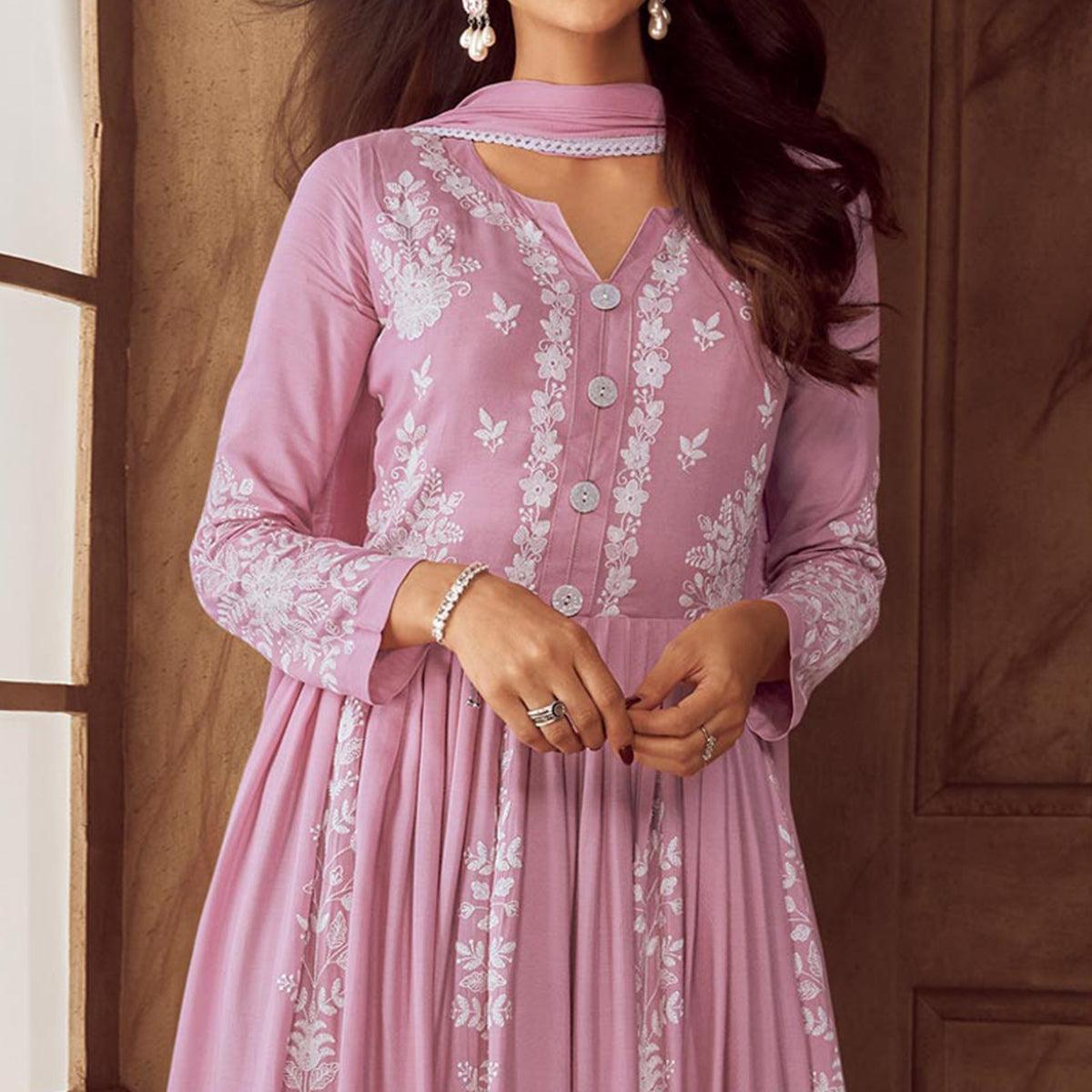 Pink Lucknowi Embroidered Rayon Palazzo Suit - Peachmode
