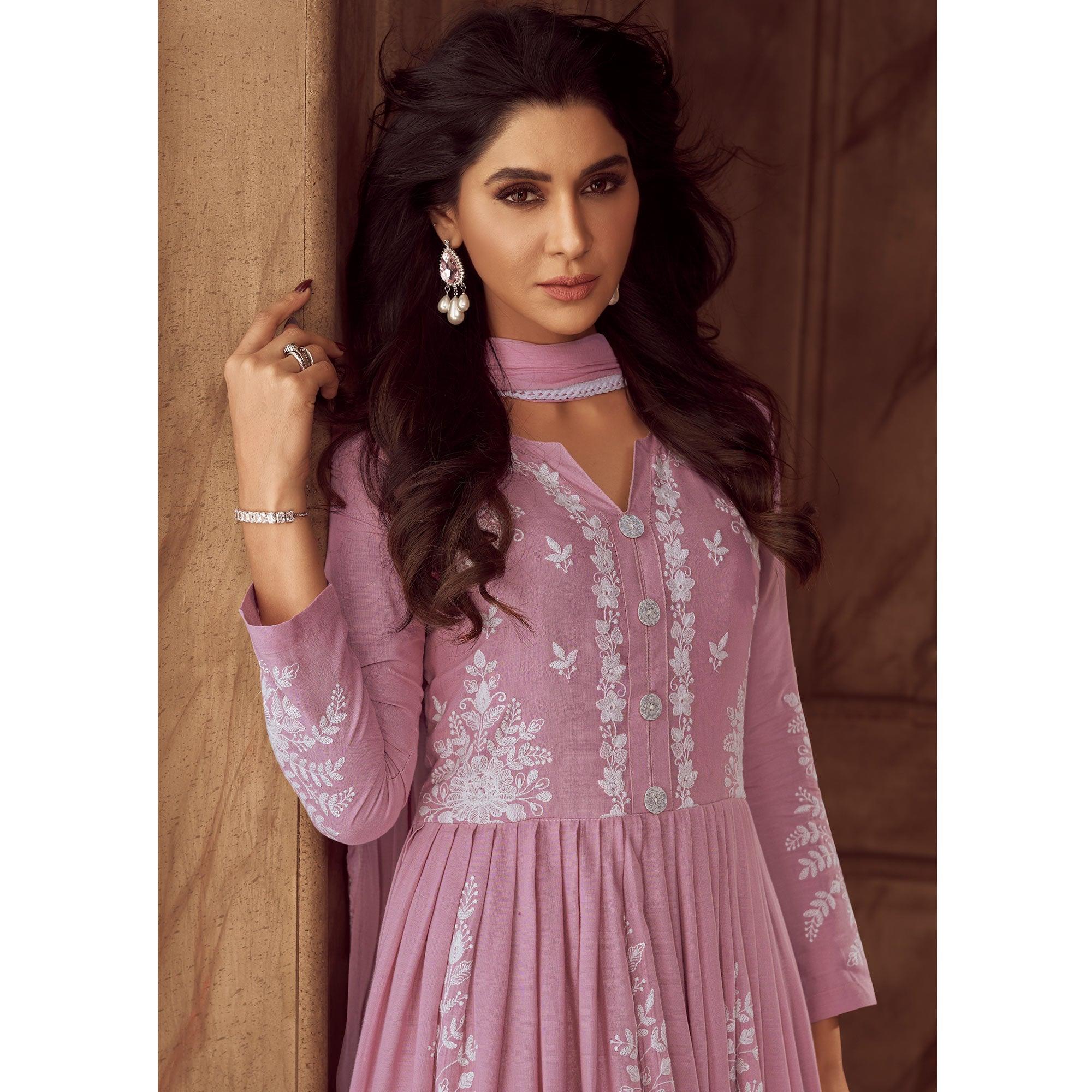 Pink Lucknowi Embroidered Rayon Palazzo Suit - Peachmode