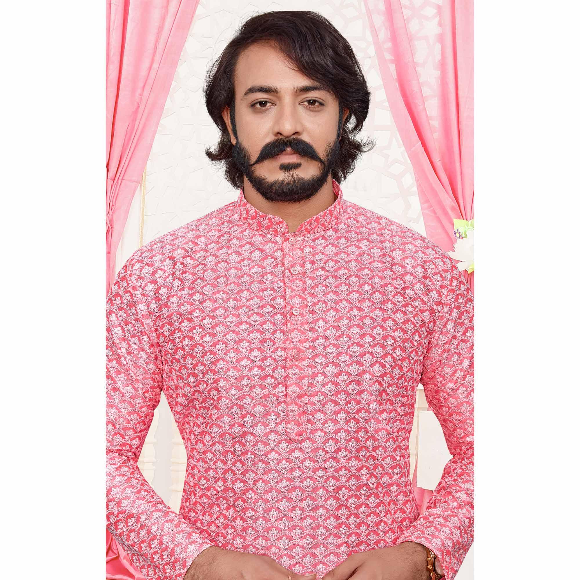 Pink Lucknowi Work Art Silk Kurta Pyjama Set - Peachmode