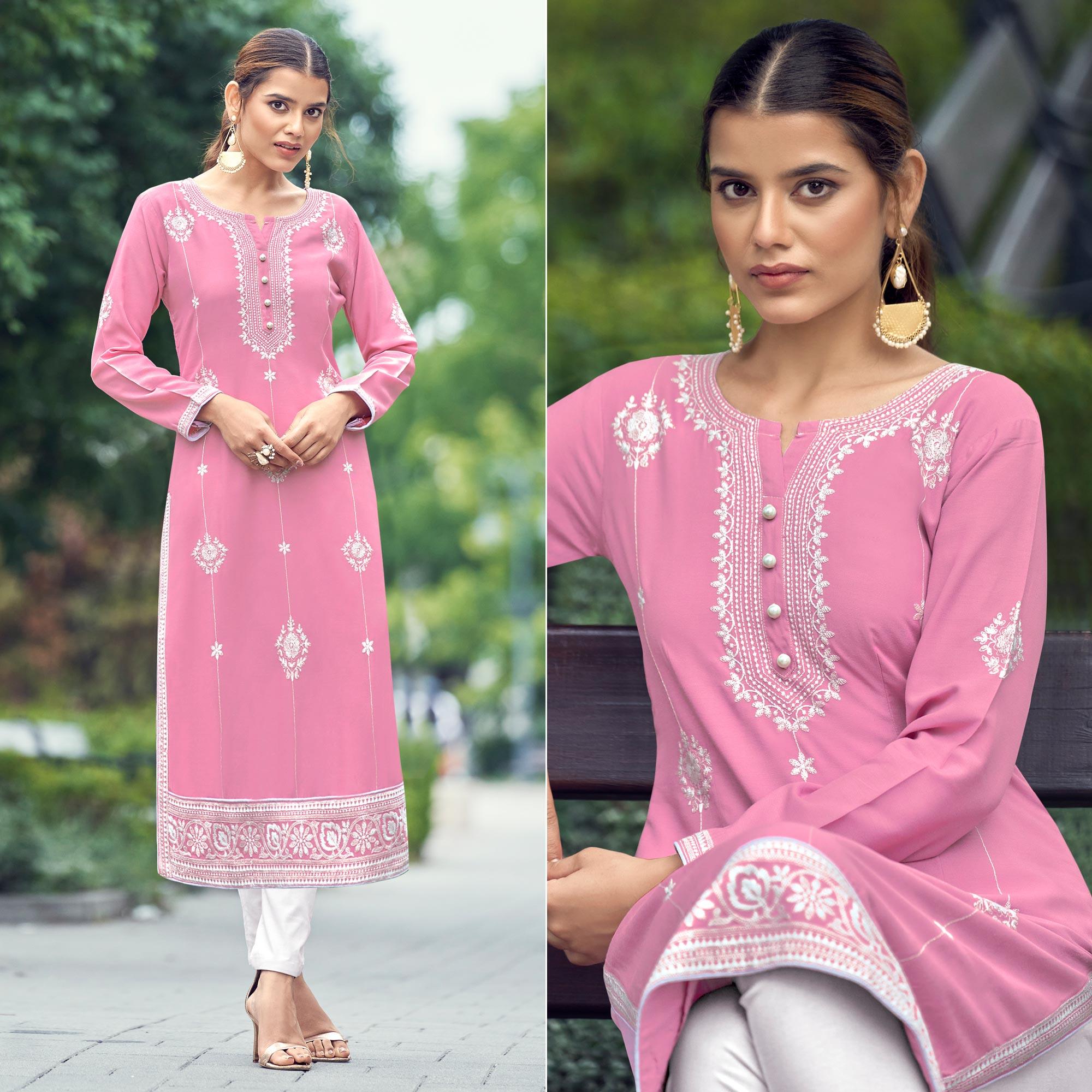 Pink Lucknowi Work Rayon Kurti - Peachmode