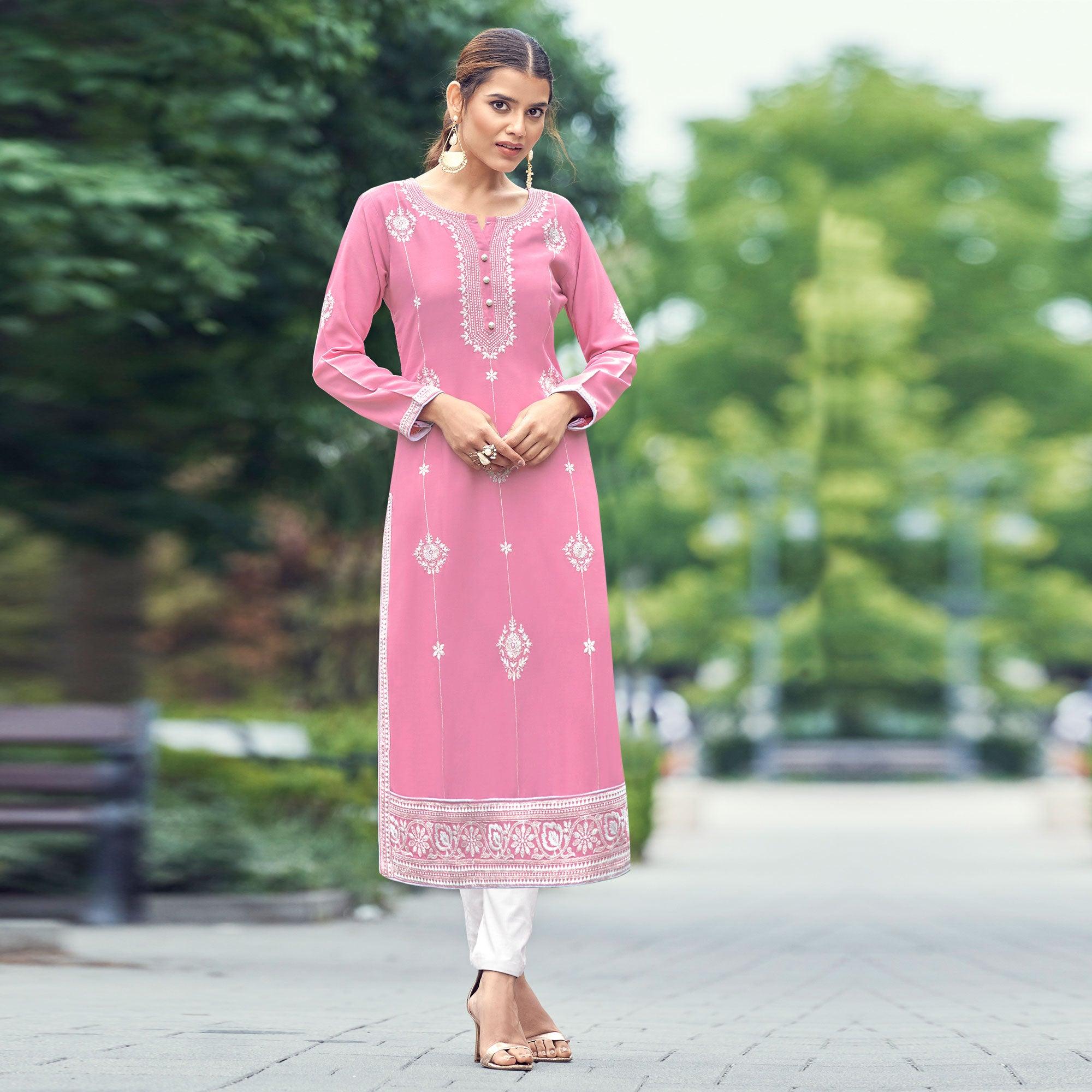 Pink Lucknowi Work Rayon Kurti - Peachmode