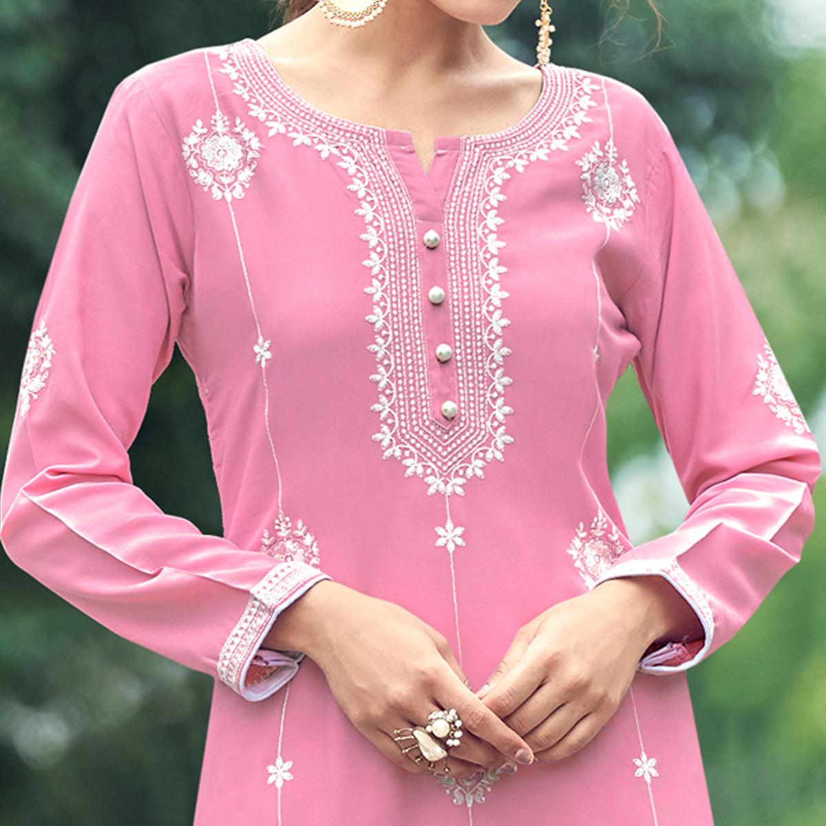 Pink Lucknowi Work Rayon Kurti - Peachmode