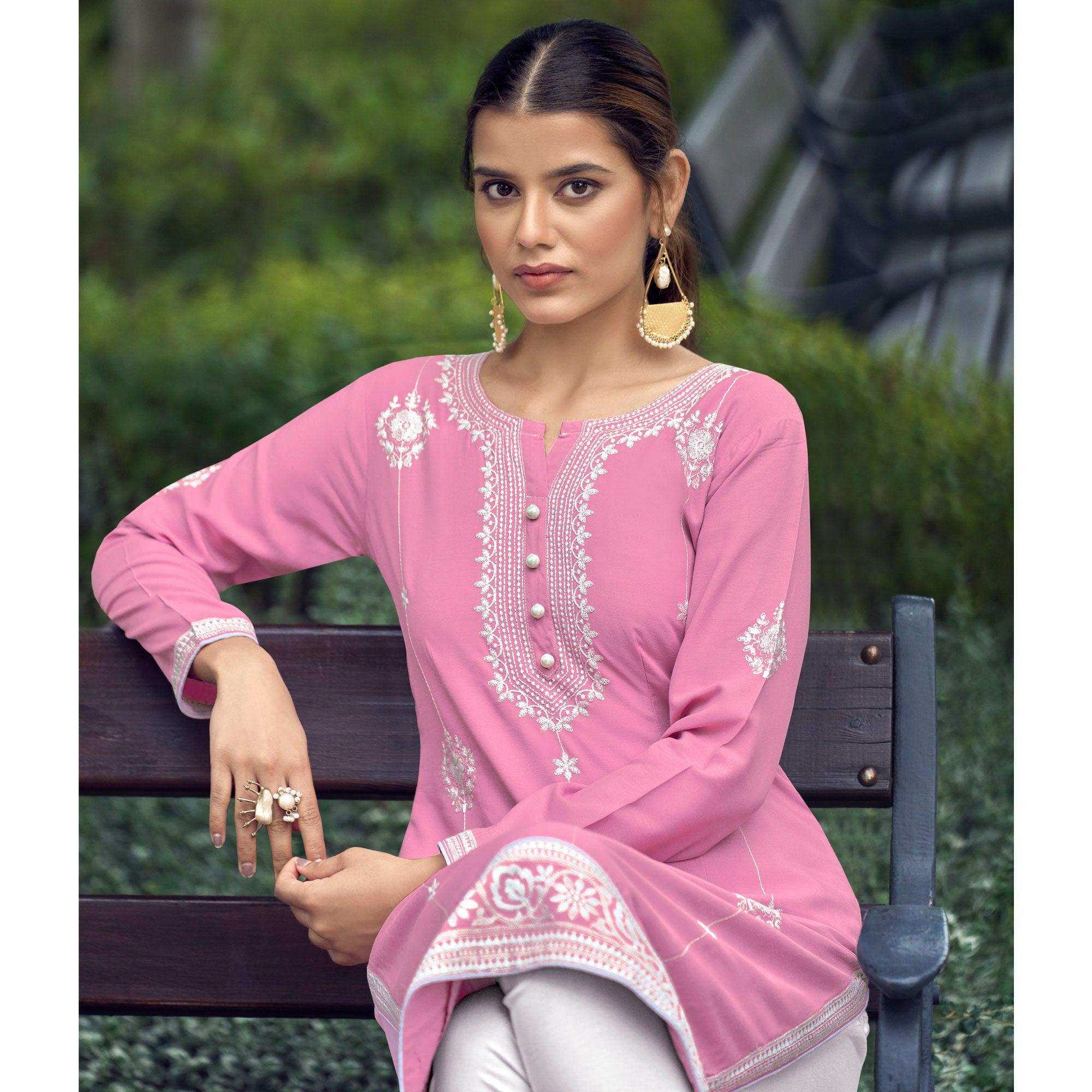 Pink Lucknowi Work Rayon Kurti - Peachmode