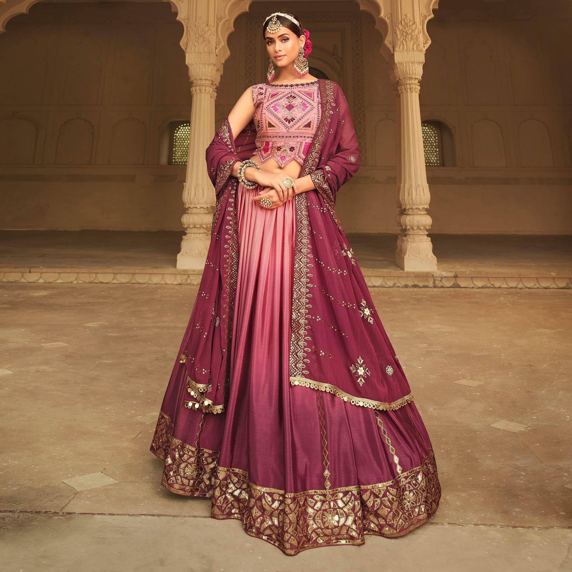 Pink-Magenta Sequence Embroidered Art Silk Lehenga Choli - Peachmode