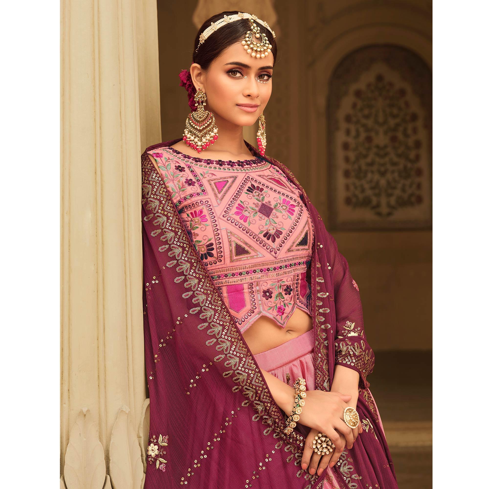 Pink-Magenta Sequence Embroidered Art Silk Lehenga Choli - Peachmode