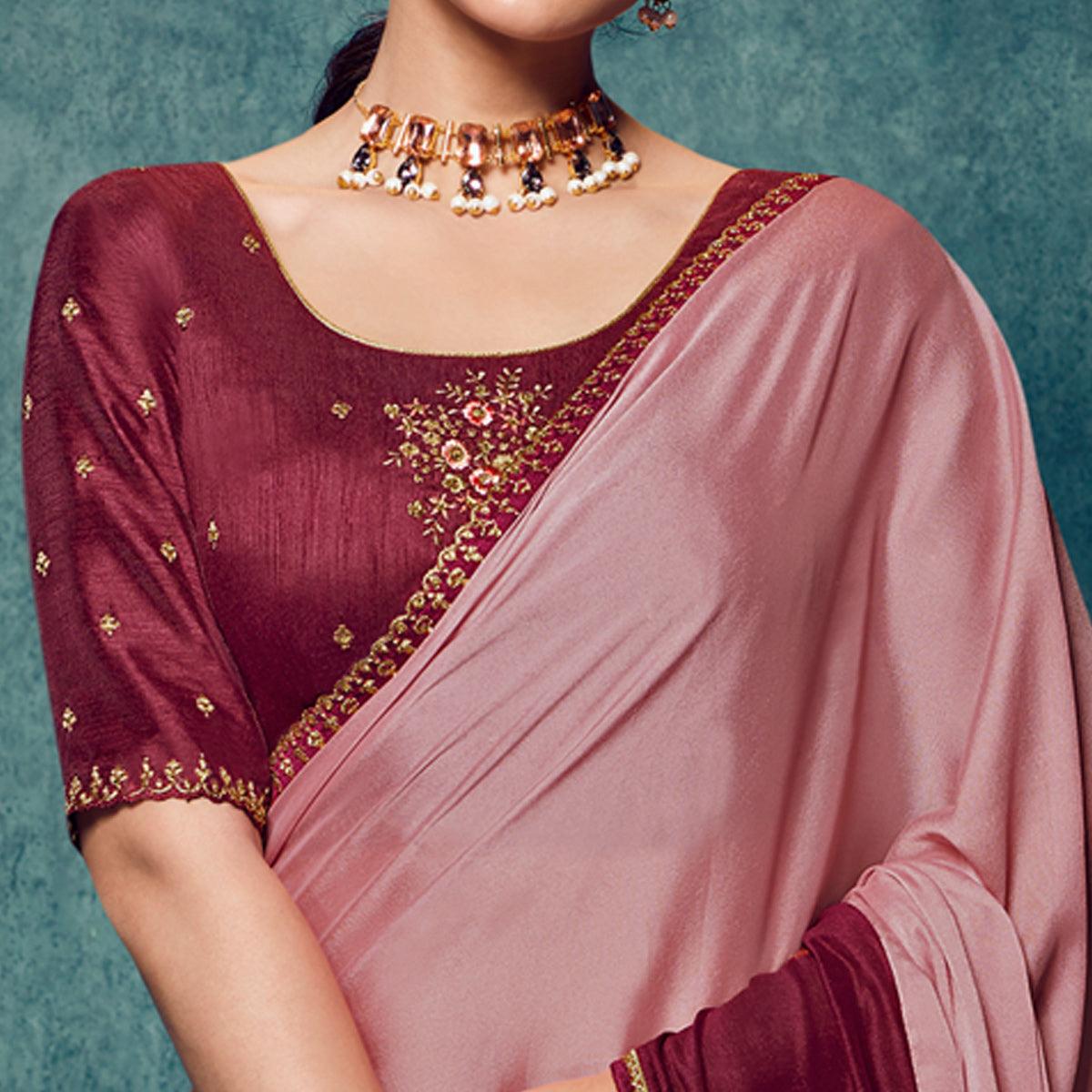 Pink - Maroon Festive Wear Embroidered Silk Half Half Saree - Peachmode