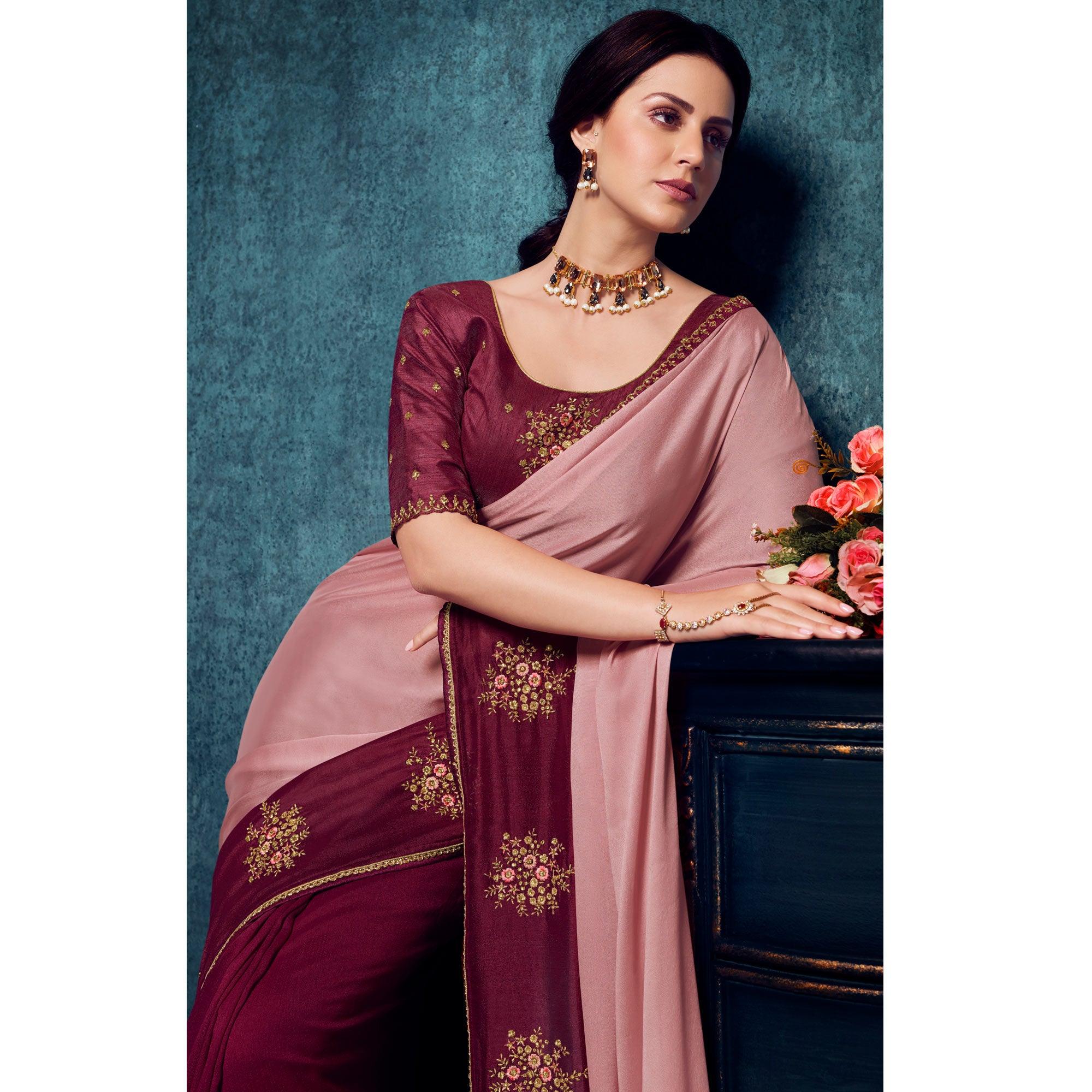 Pink - Maroon Festive Wear Embroidered Silk Half Half Saree - Peachmode