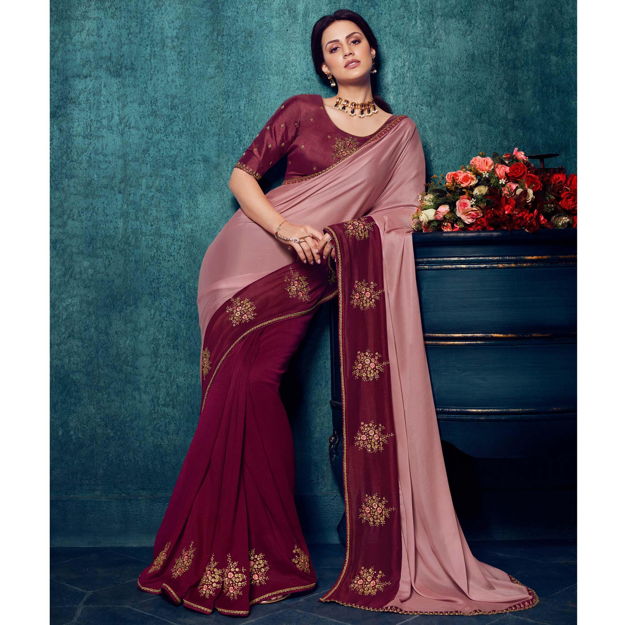 Pink - Maroon Festive Wear Embroidered Silk Half Half Saree - Peachmode