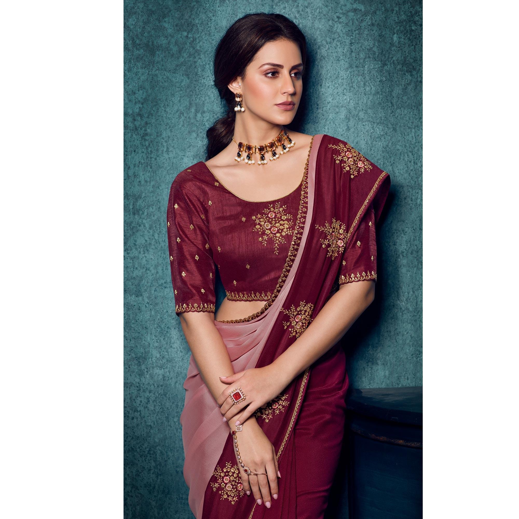 Pink - Maroon Festive Wear Embroidered Silk Half Half Saree - Peachmode