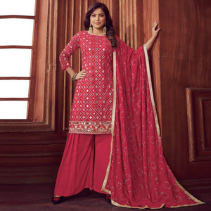 Pink Mirror & Sequence Embroidered Georgette Sharara Suit - Peachmode