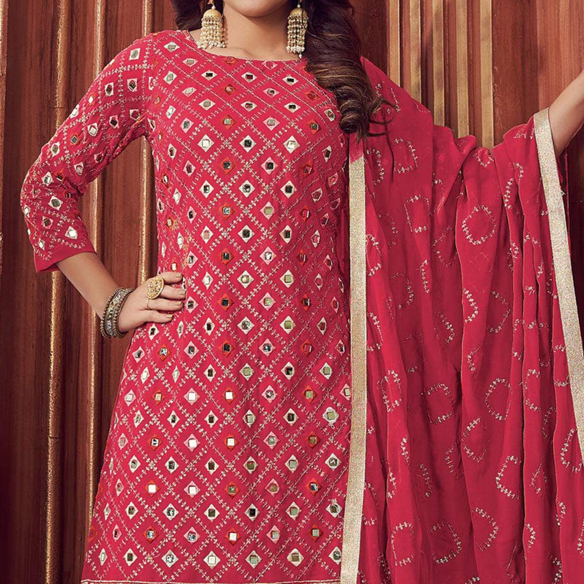 Pink Mirror & Sequence Embroidered Georgette Sharara Suit - Peachmode